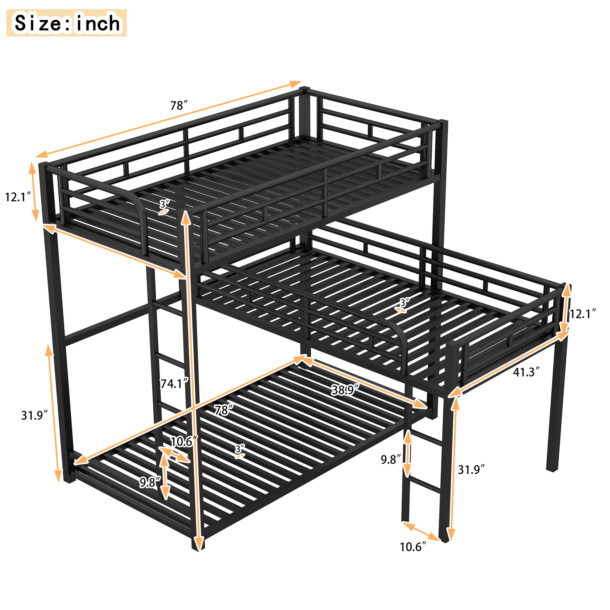 Black metal triple bunk bed with dimensions indicated