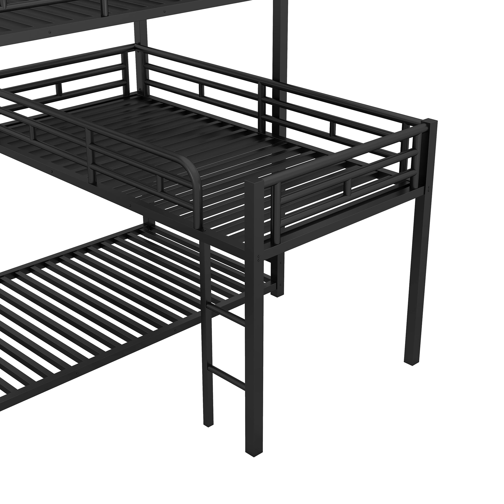 Black metal bunk bed frame with slatted decks and safety rails for dorm rooms
