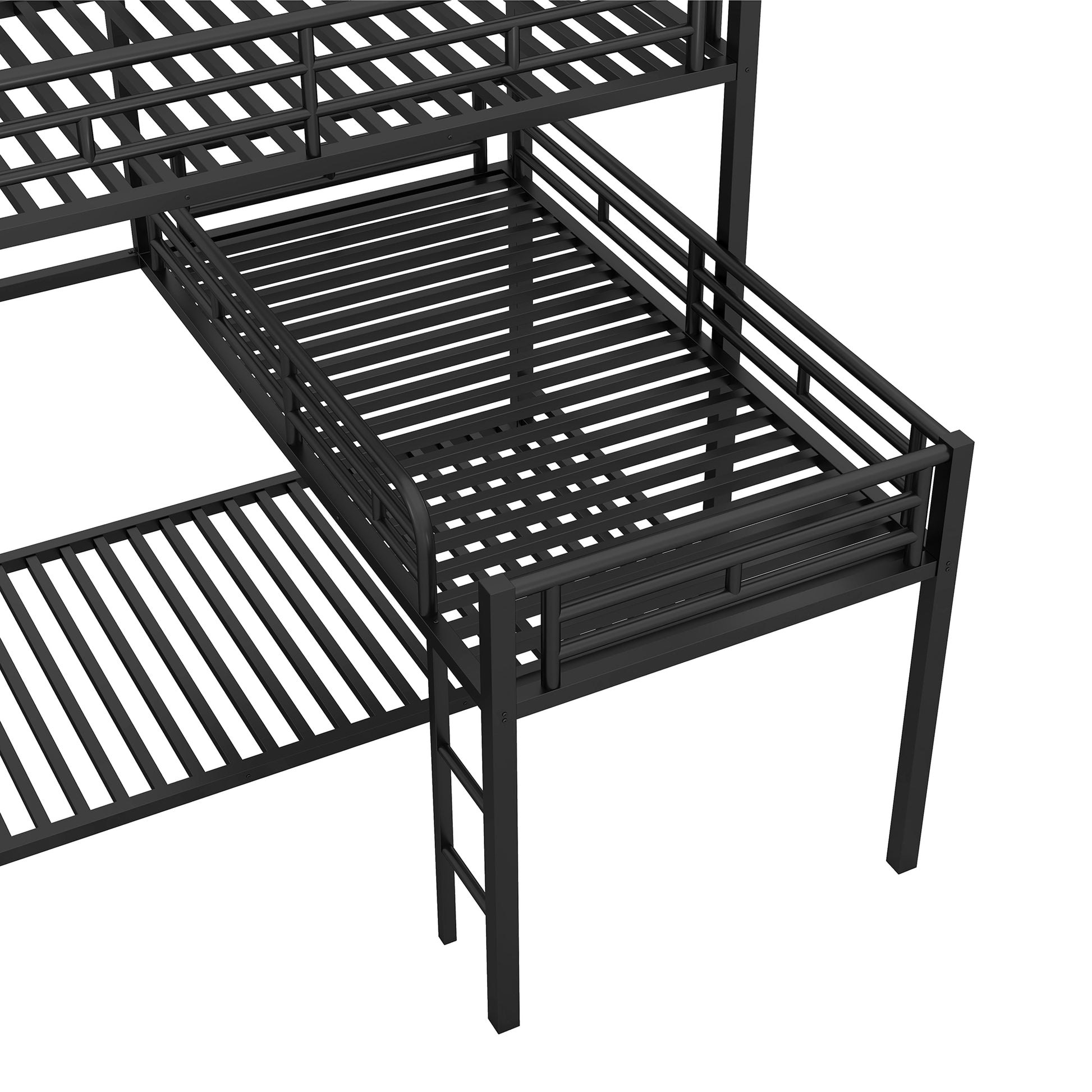 Black metal bunk bed frame detail with ladder