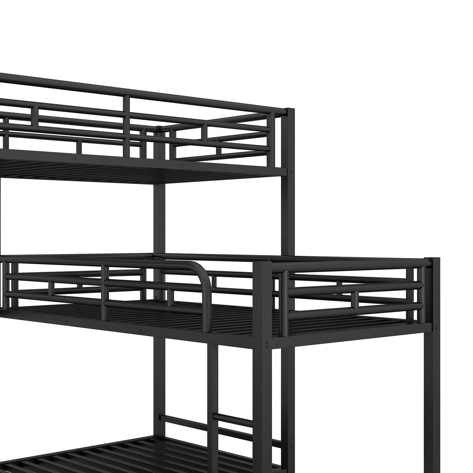 Black metal triple bunk bed frame with sturdy guardrails and slatted supports for kids rooms