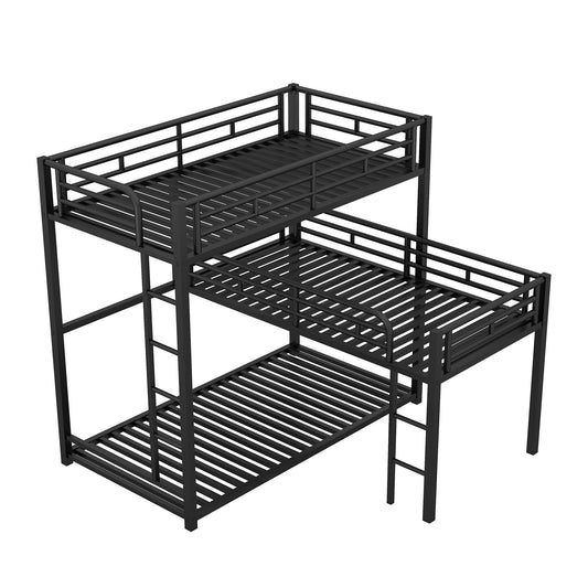 Black metal twinovertwin bunk bed with integrated ladder and guardrails