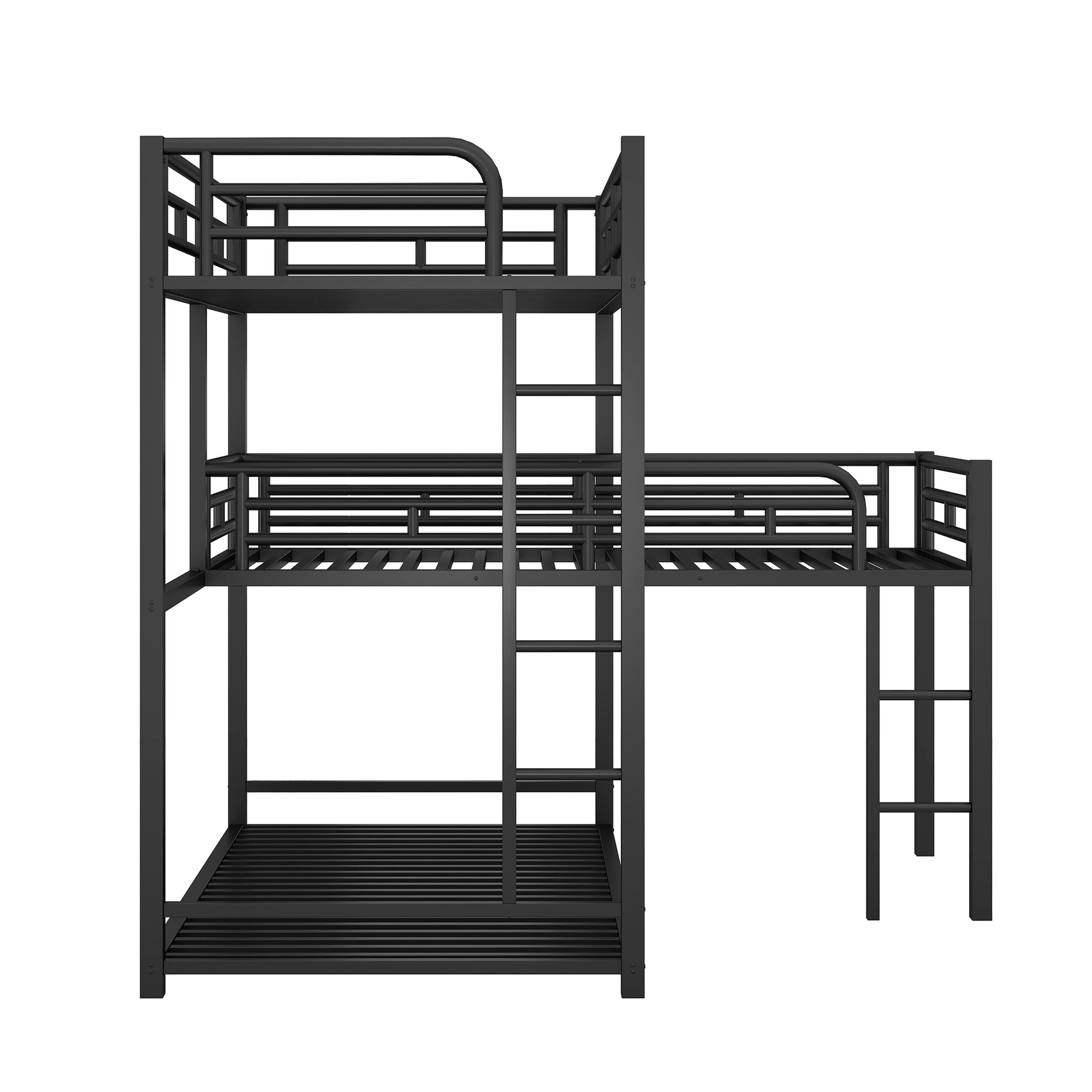 Black metal triple bunk bed with guardrails and ladders