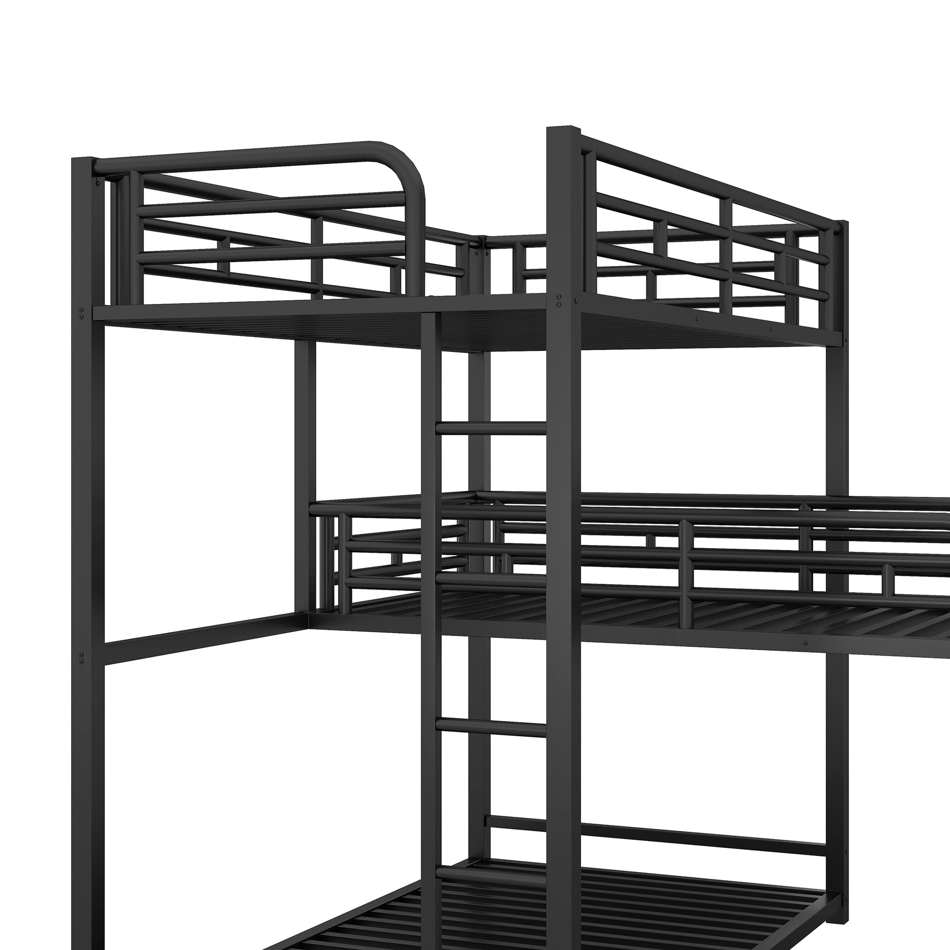 Black metal triple bunk bed frame with integrated ladders