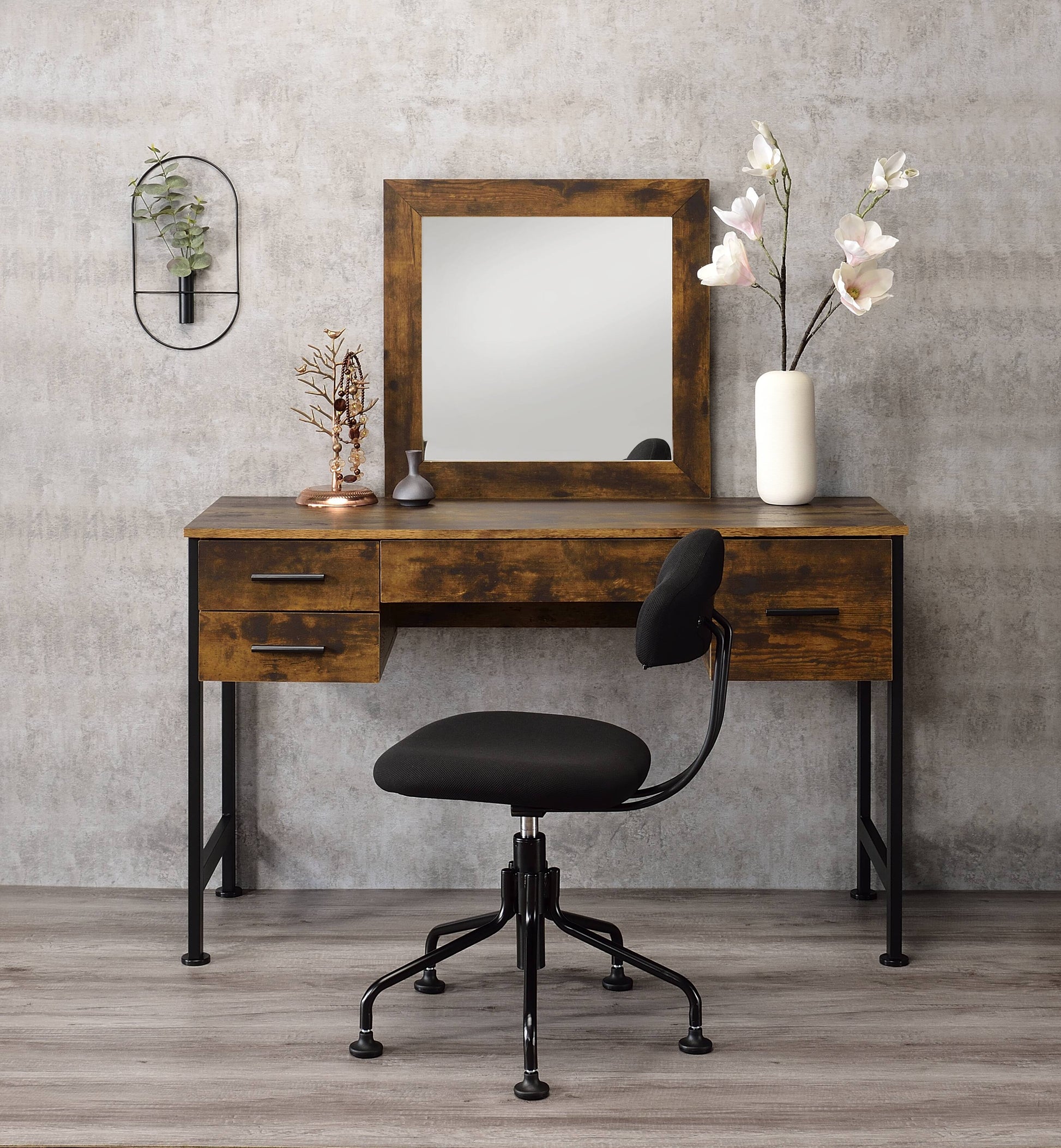 Rustic wood makeup vanity with mirror and black chair