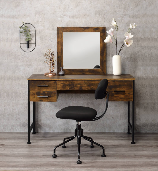 Rustic wood makeup vanity with mirror and black chair
