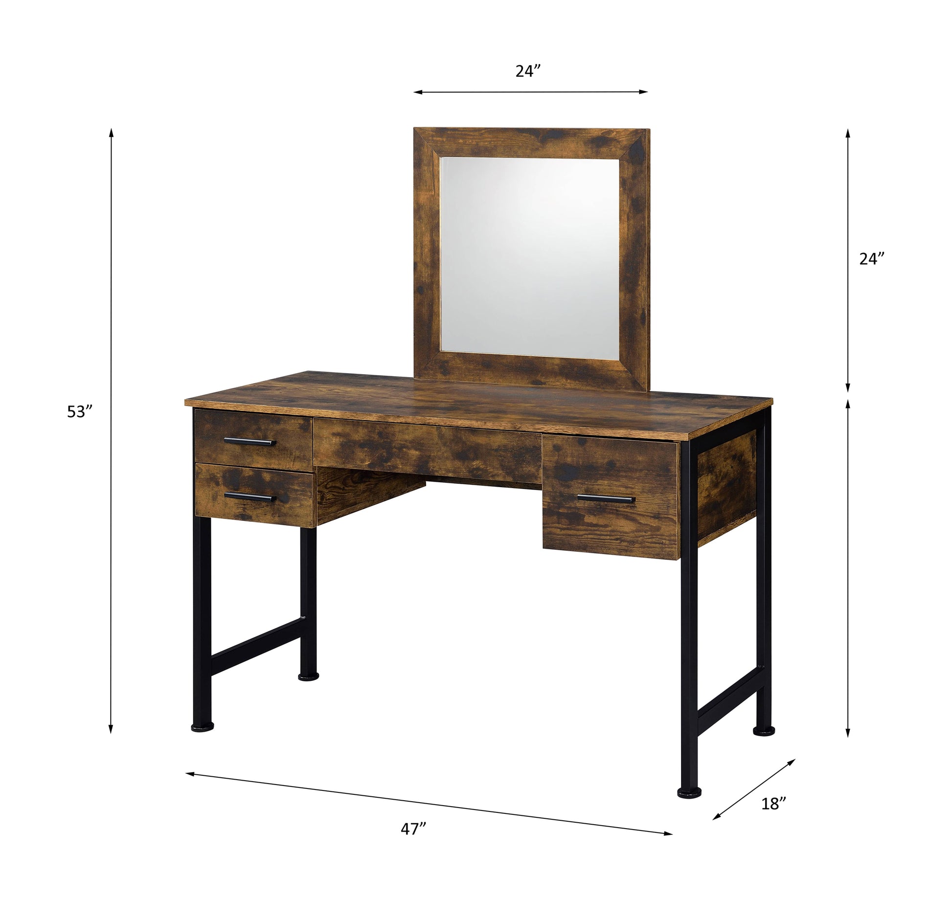 Rustic wood makeup vanity with mirror and four drawers