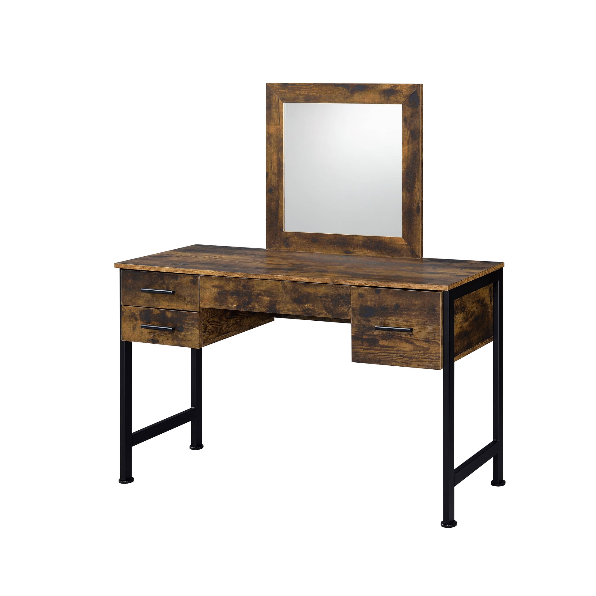 Rustic brown wood veneer vanity desk with mirror and black metal legs