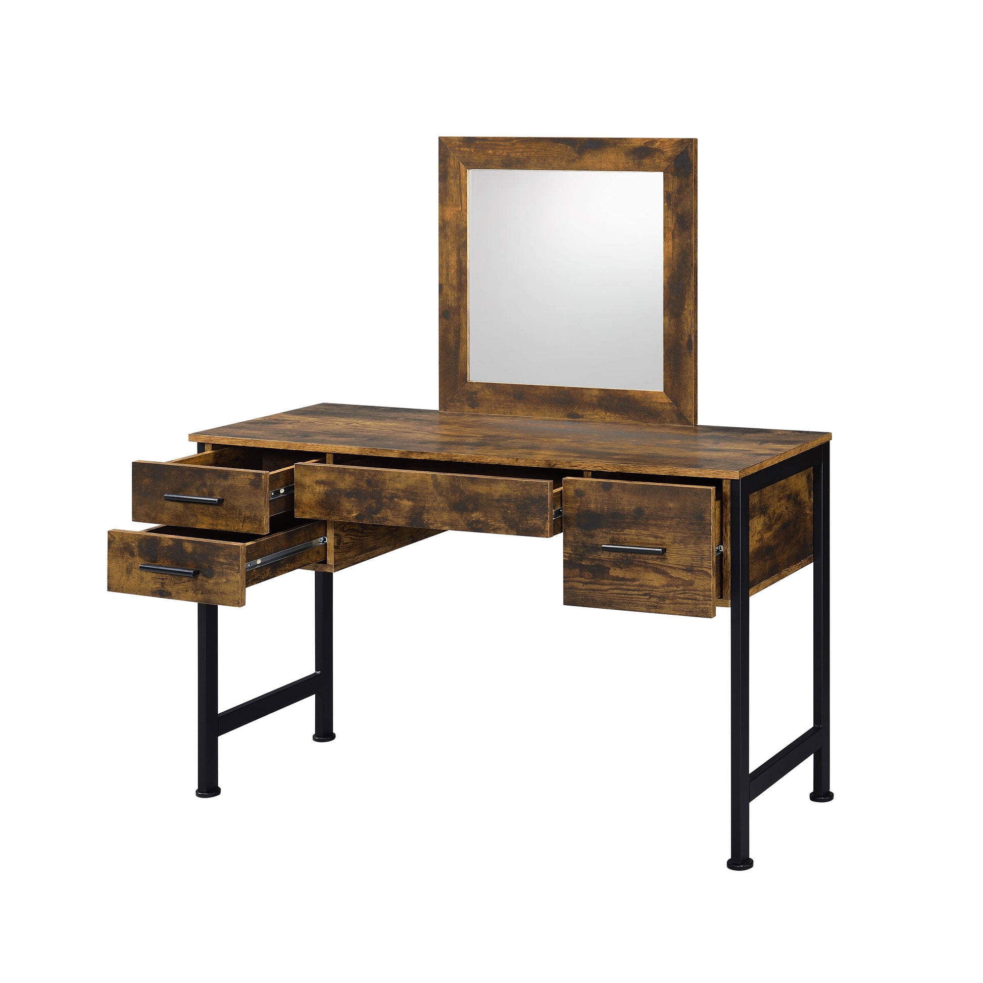 Rustic wood vanity table with mirror and open drawers