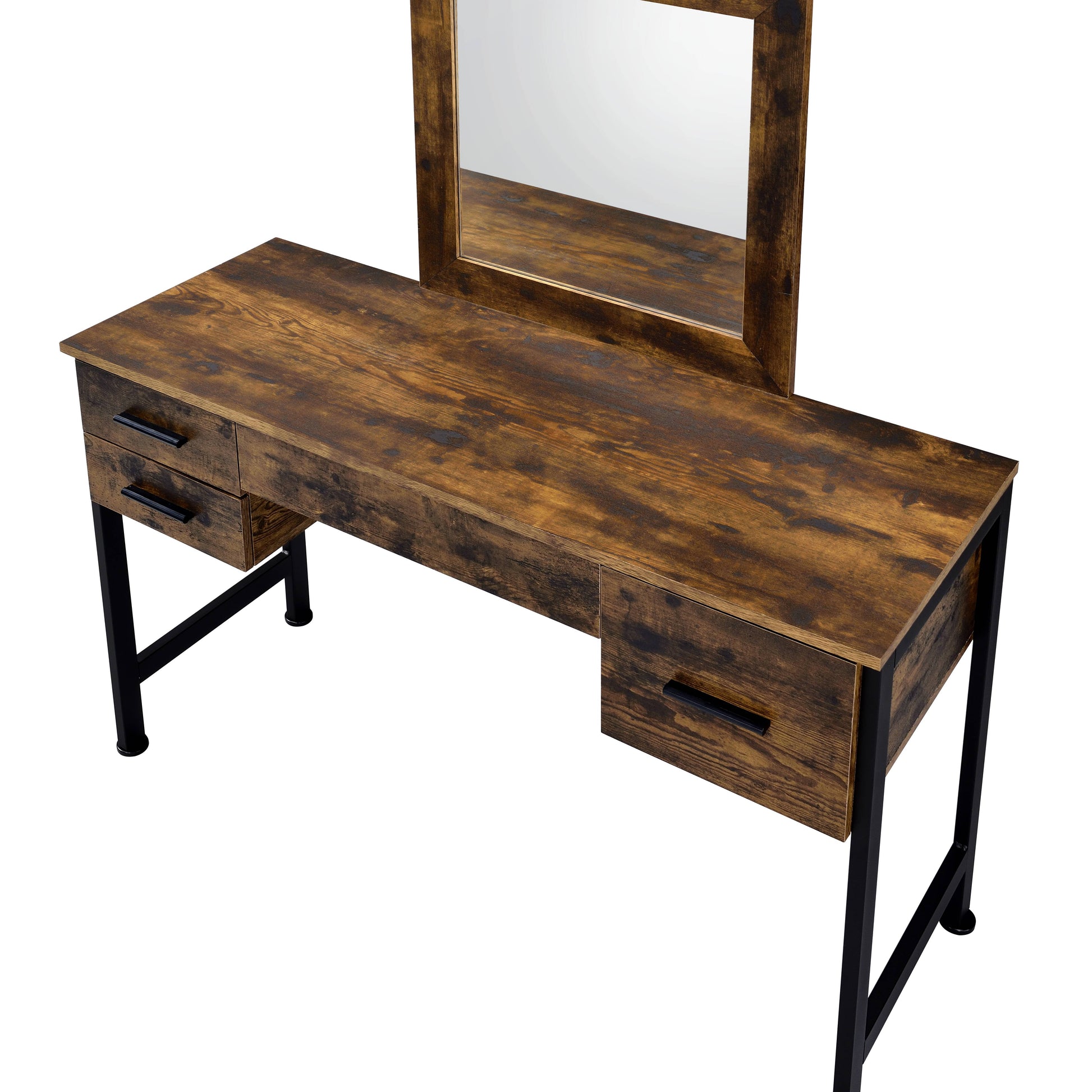 Rustic brown vanity desk with mirror and black metal legs