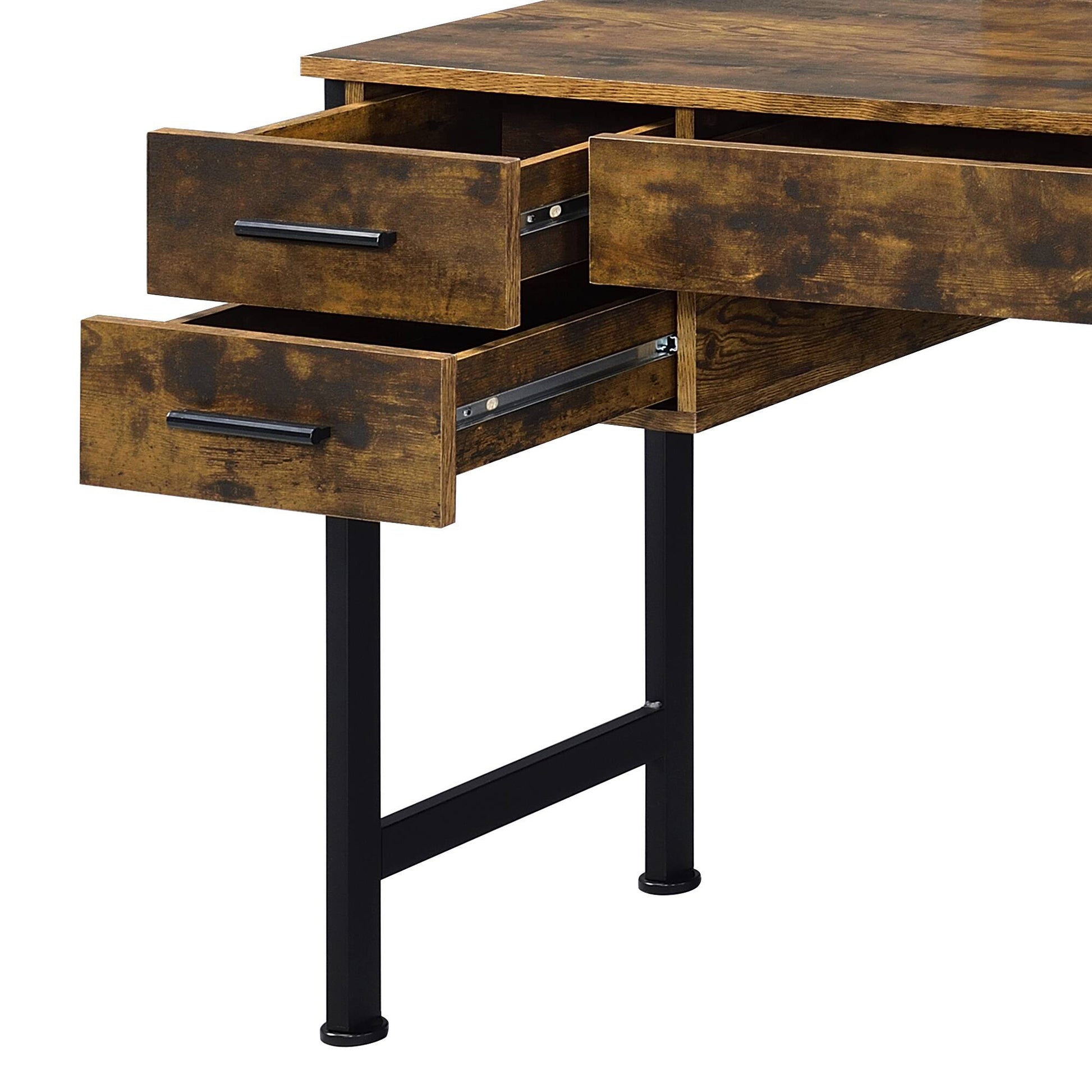 Rustic brown wood desk with two open drawers and black metal legs