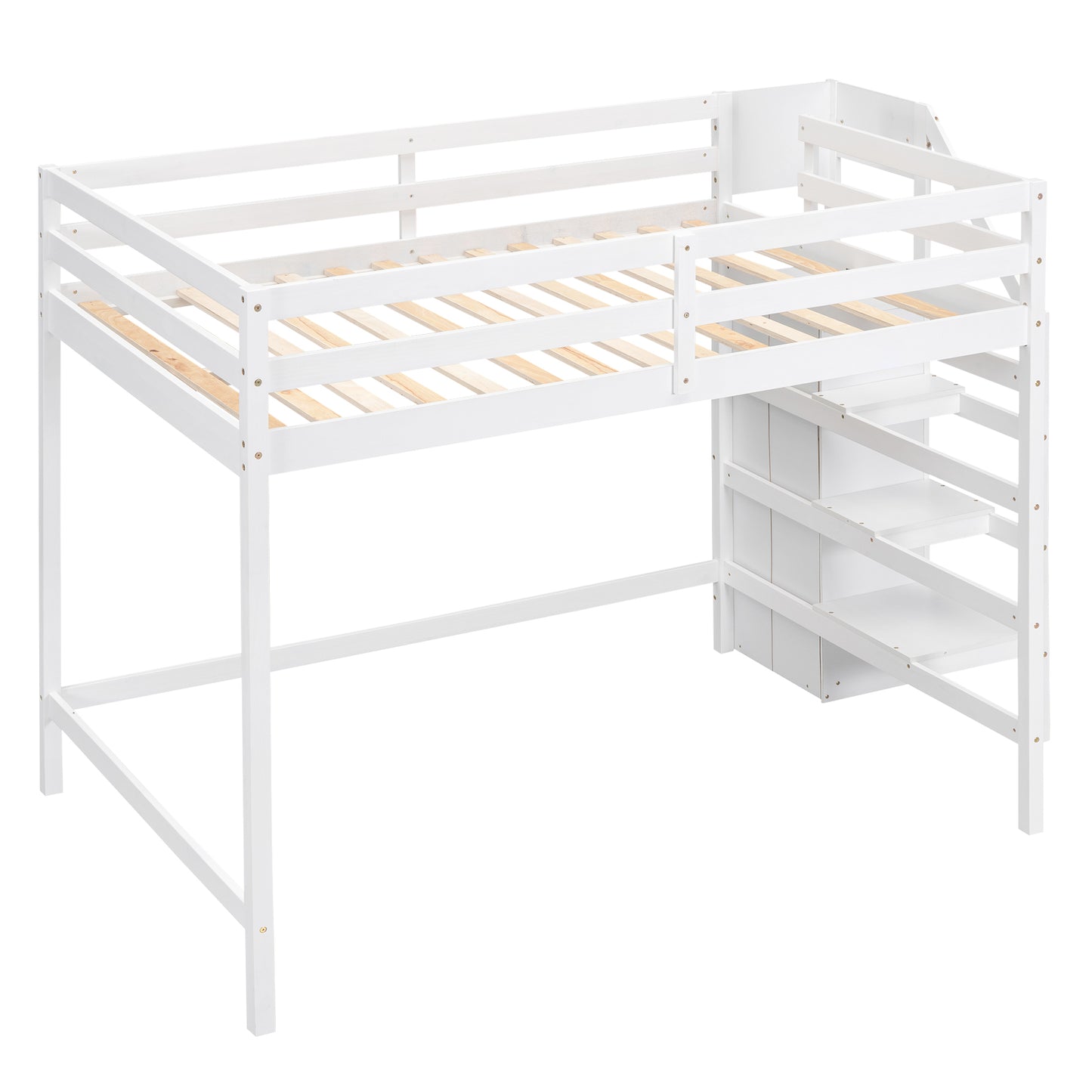 White wooden loft bed with integrated stairs