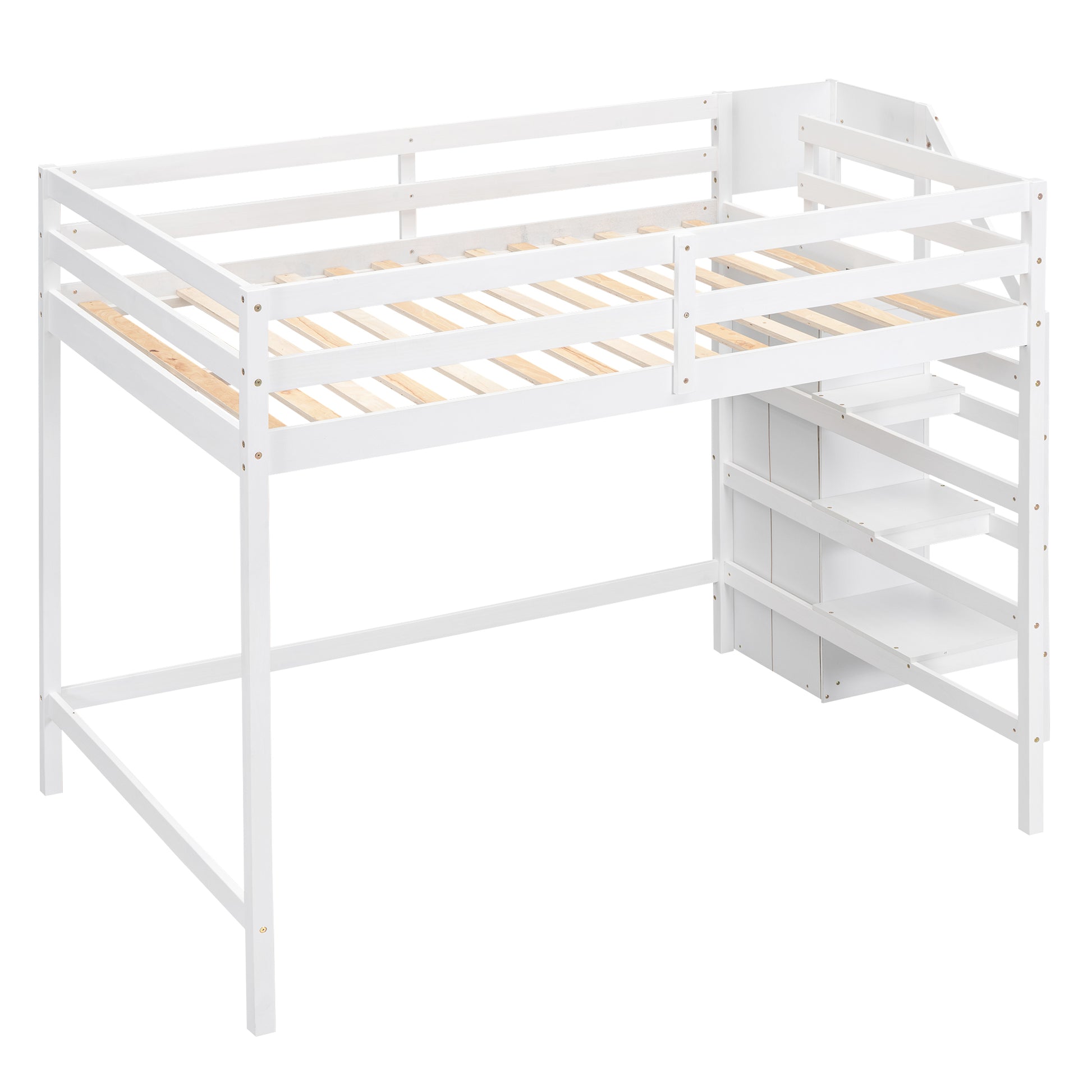 White wooden loft bed with integrated stairs