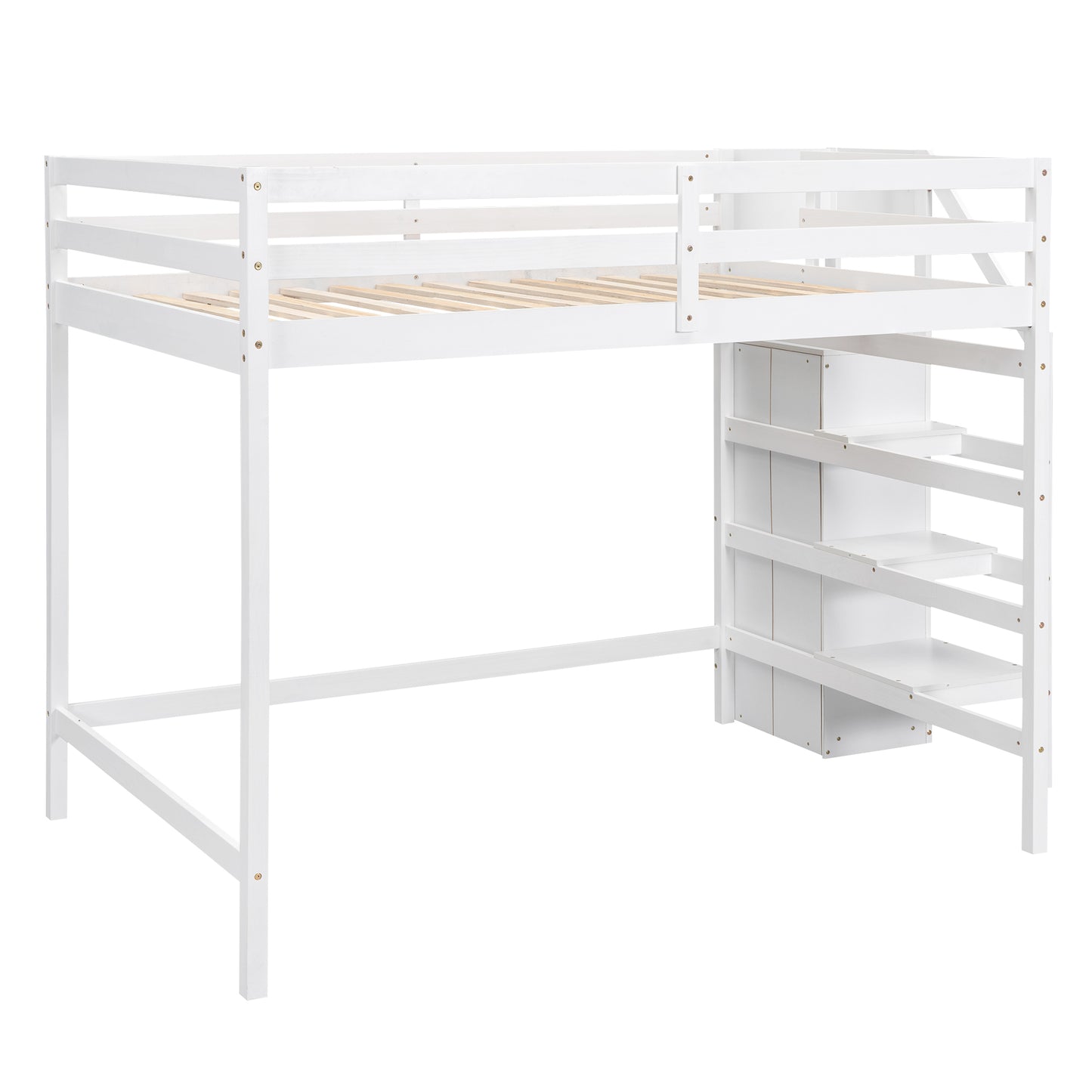 White wooden loft bed with integrated shelving and ladder