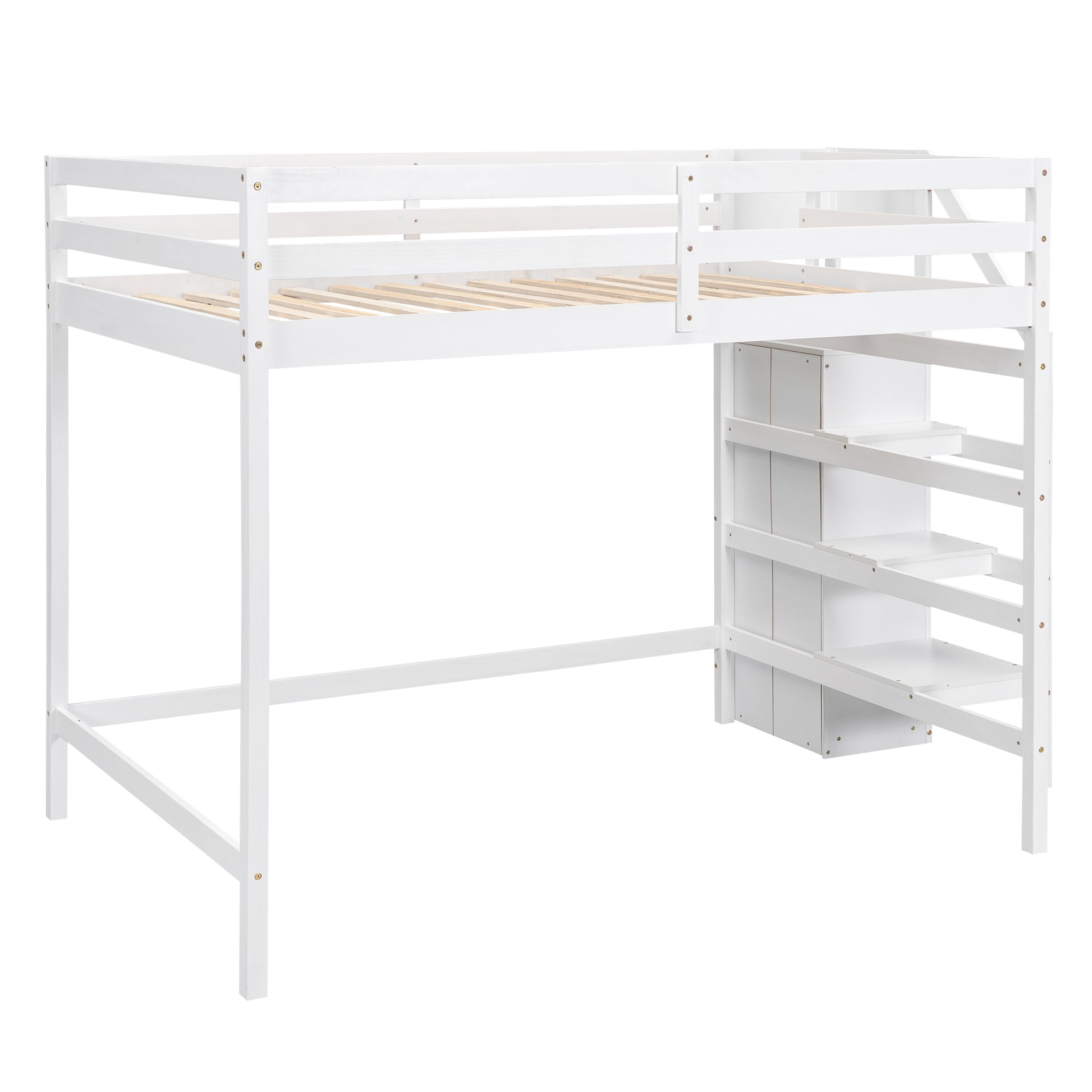 White wooden loft bed with integrated shelving and ladder