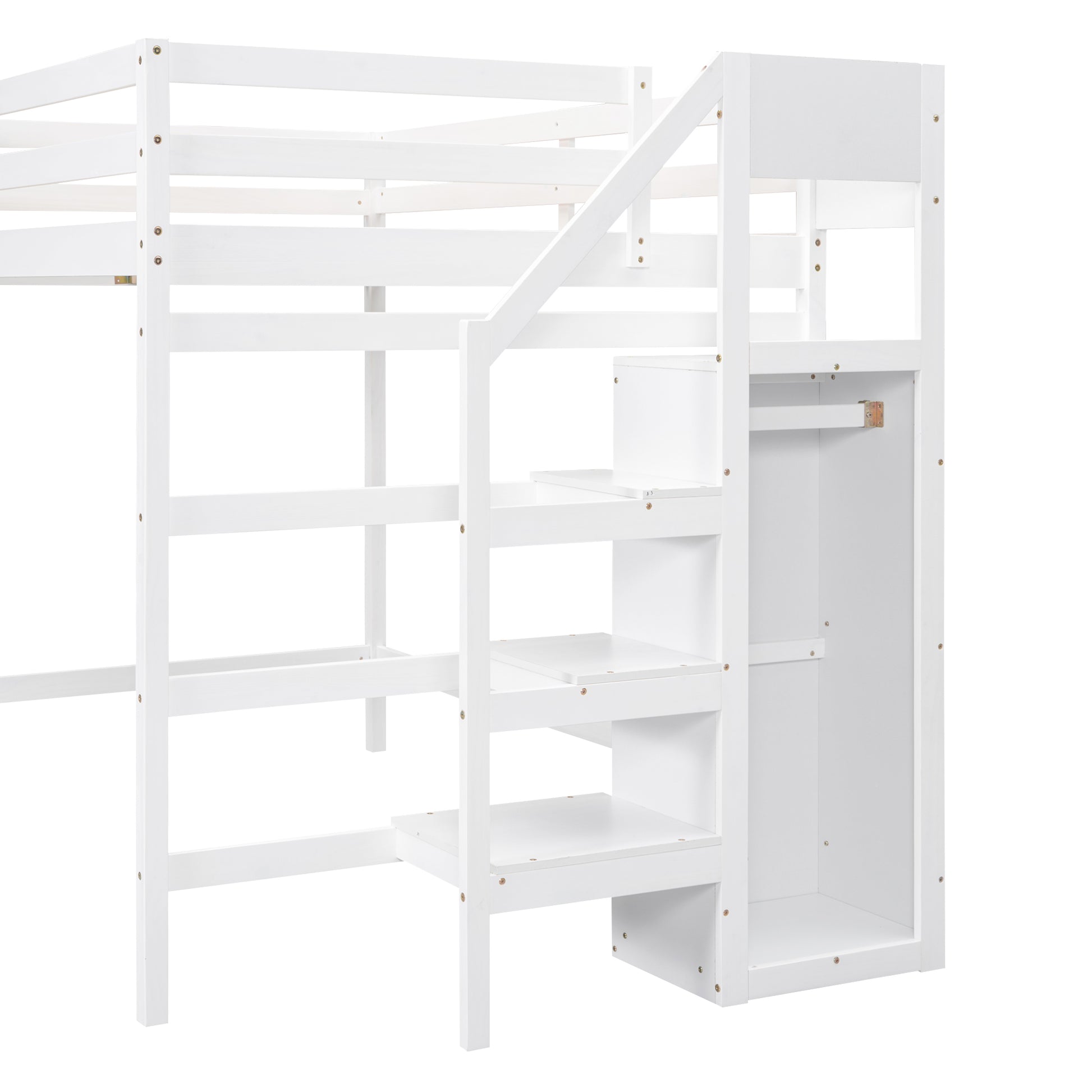 White wooden loft bed frame with integrated stairs and shelving unit