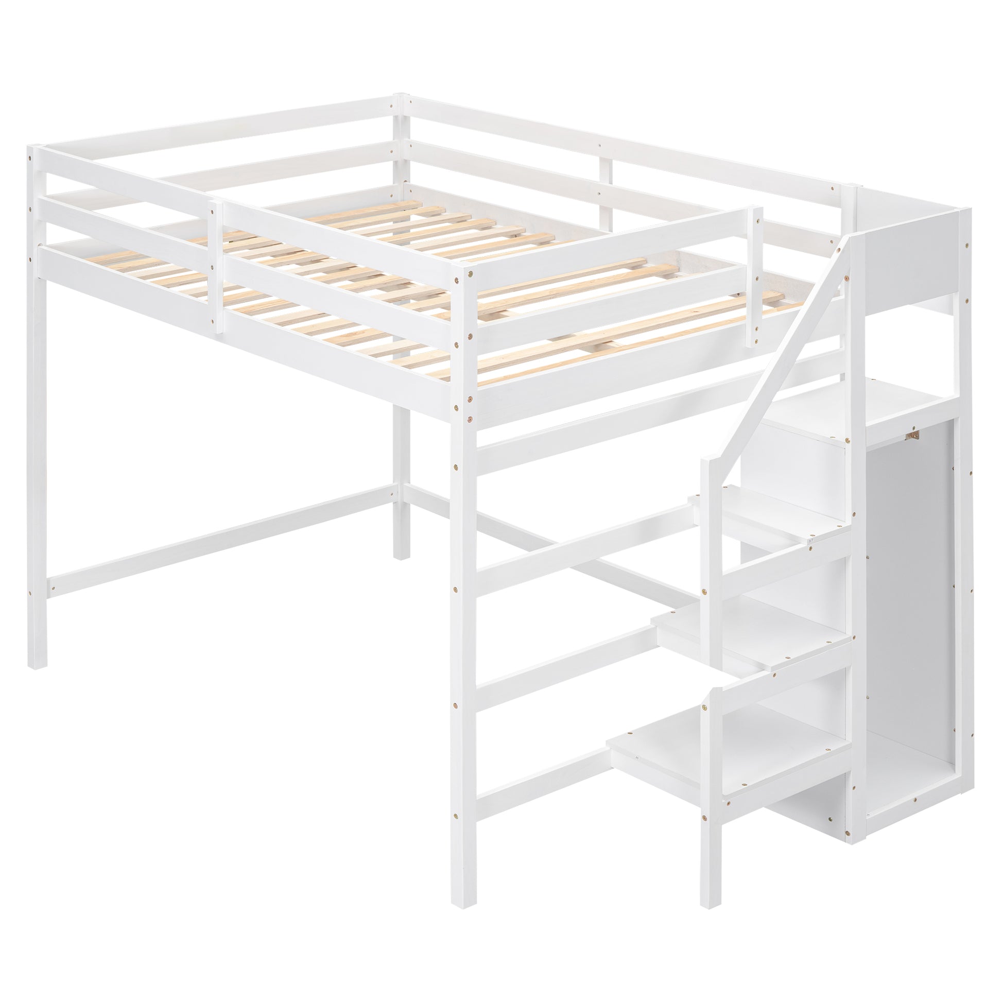 White wooden loft bed with integrated ladder and storage steps