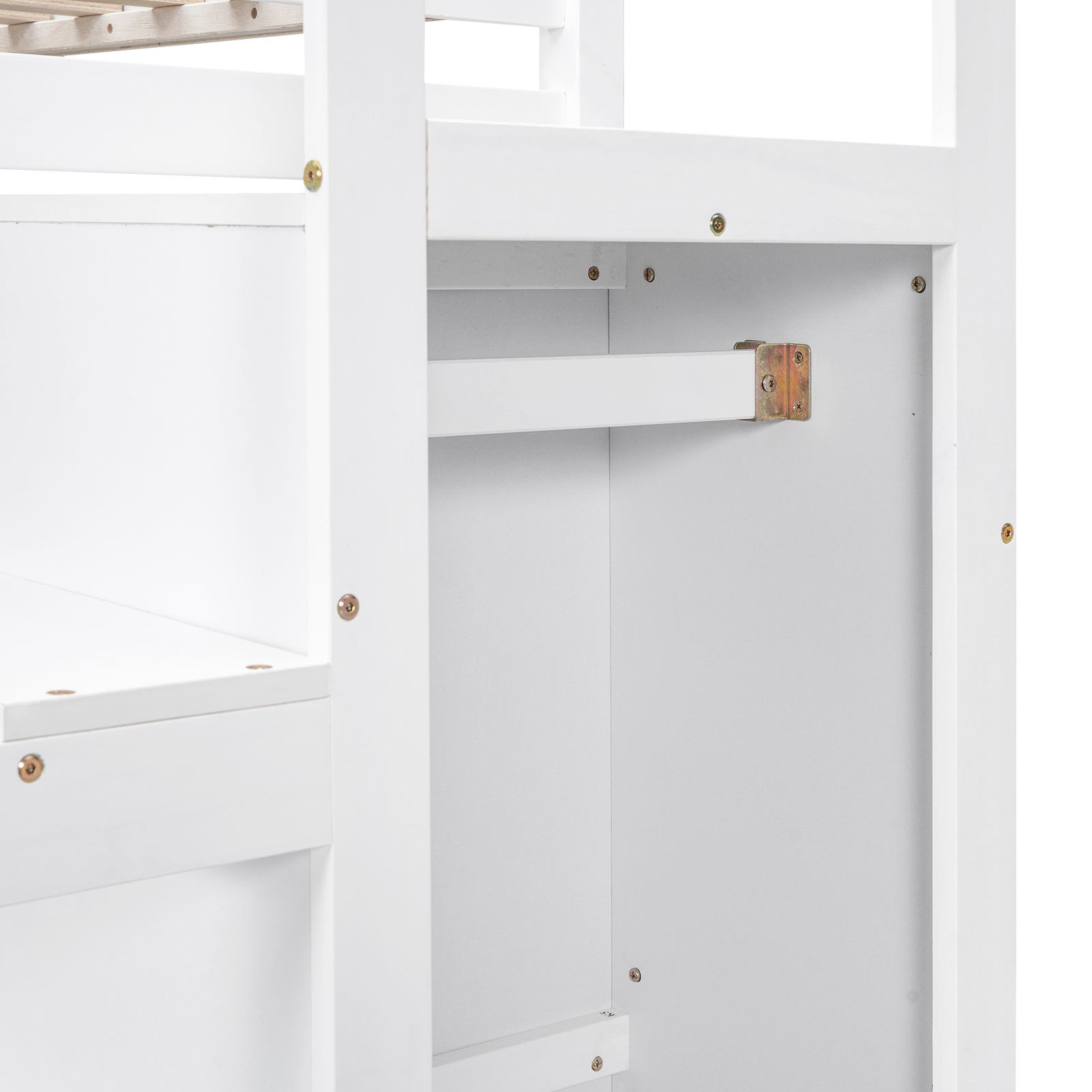 White bunk bed frame with wooden slats and metal brackets