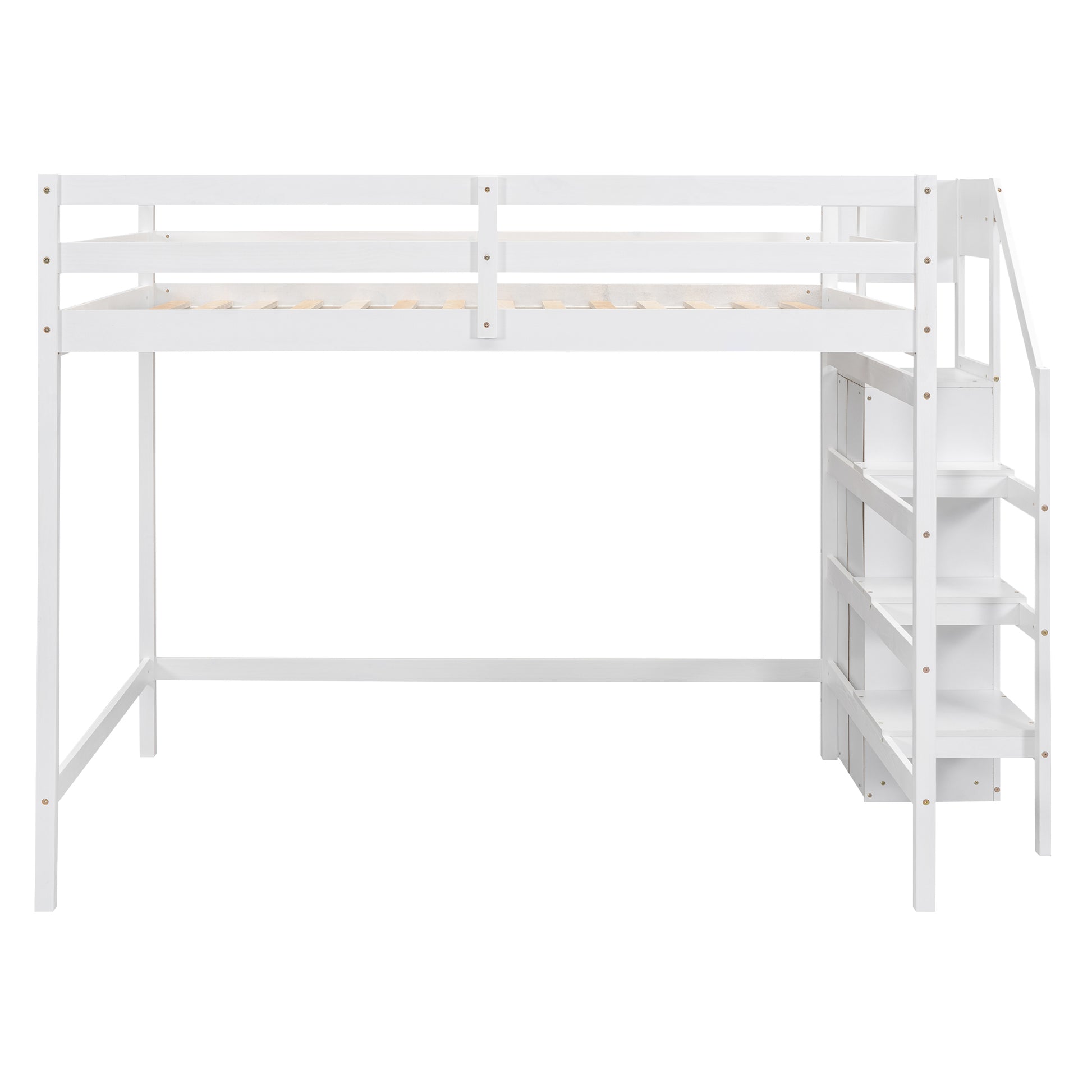 White wooden loft bed with builtin staircase