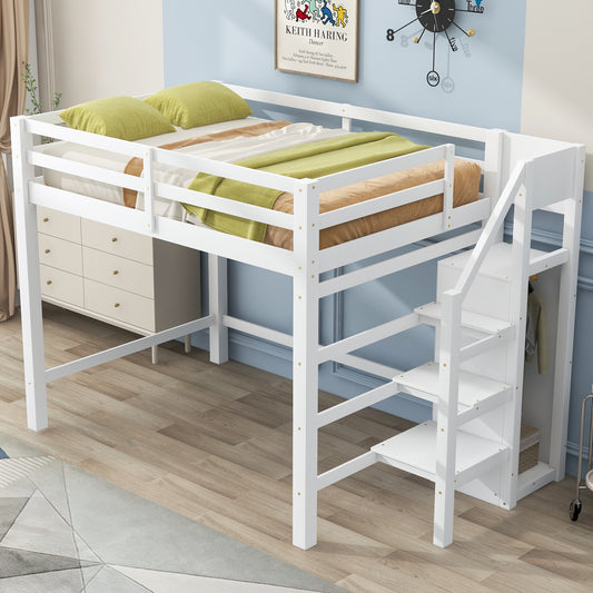 White wooden loft bed with green pillows and brown plaid blanket