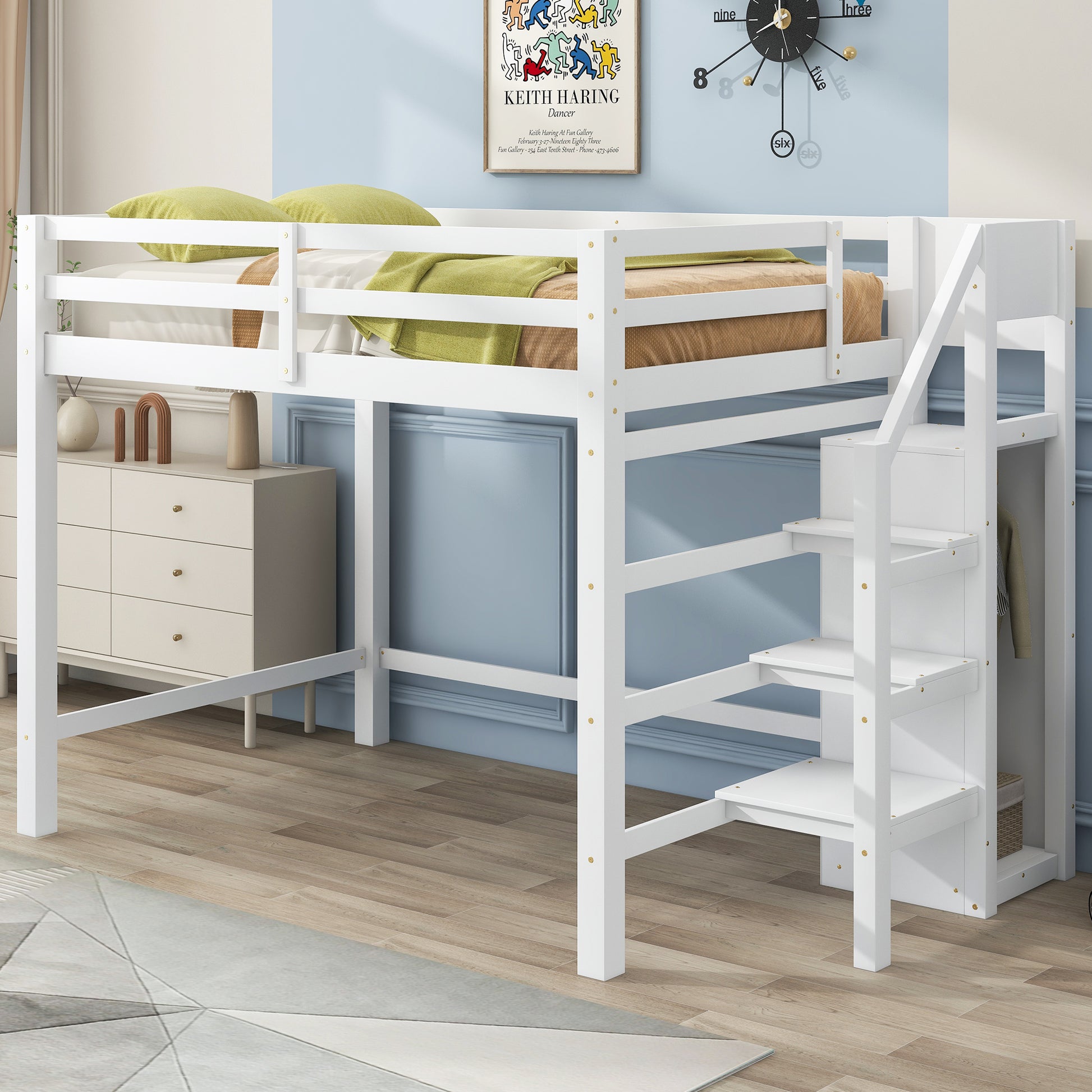 White wooden loft bed with integrated stairs and storage