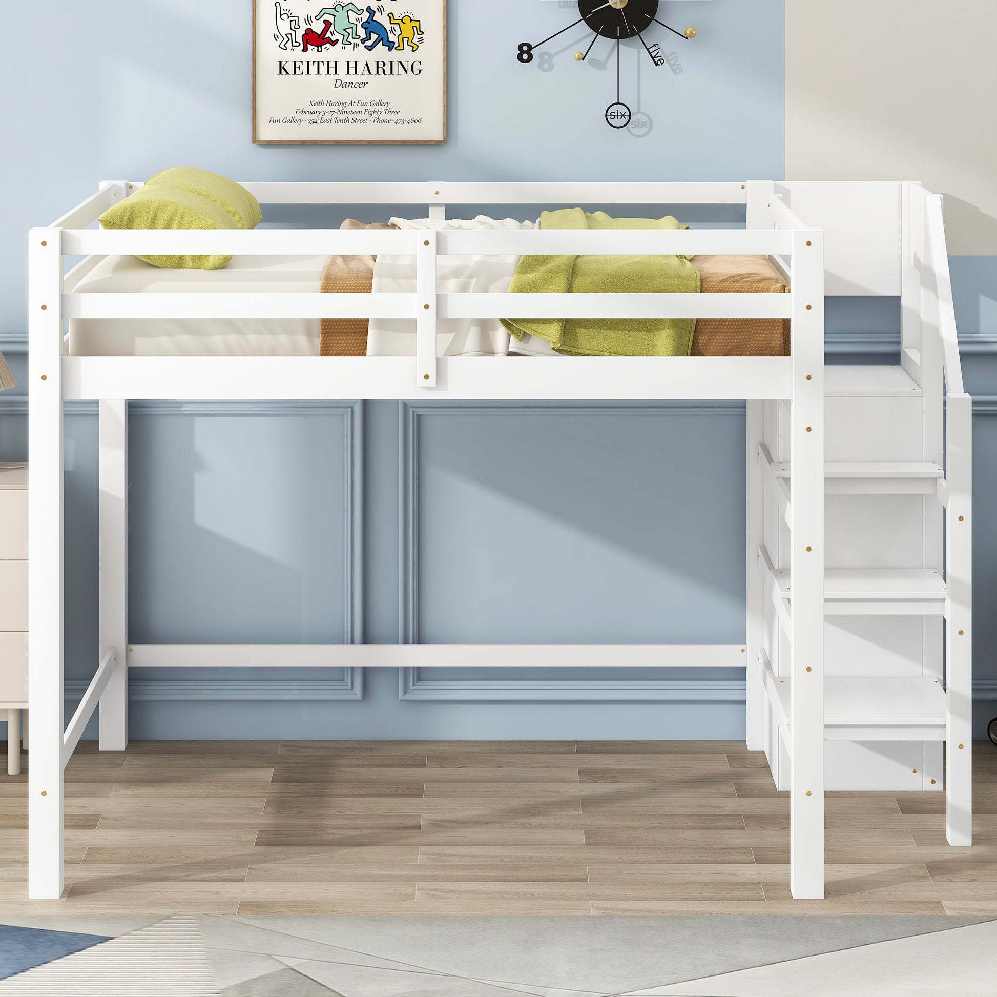 White wooden loft bed with integrated ladder and safety rails