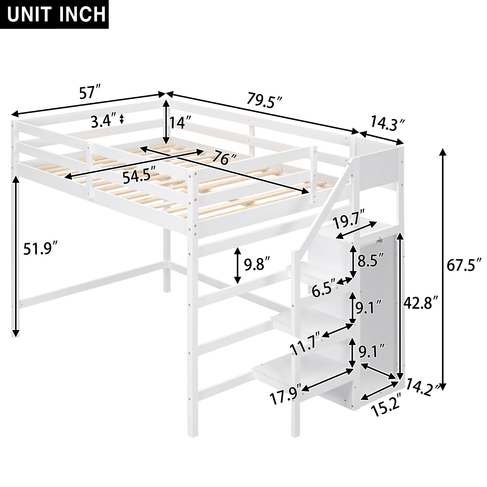 White loft bed with stairs dimensions
