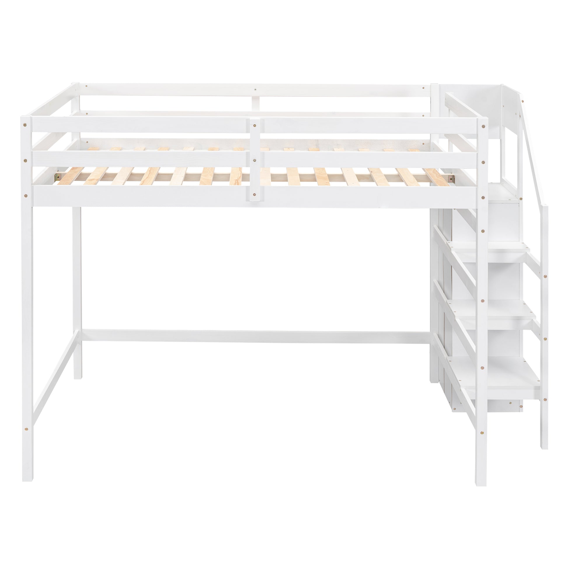 White wooden loft bed frame with integrated stairs