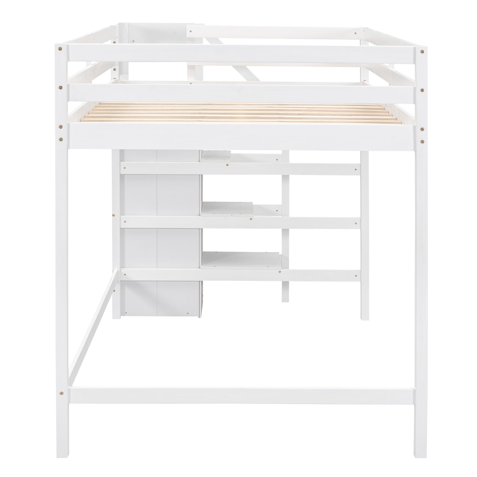White wooden loft bed with integrated staircase and drawers