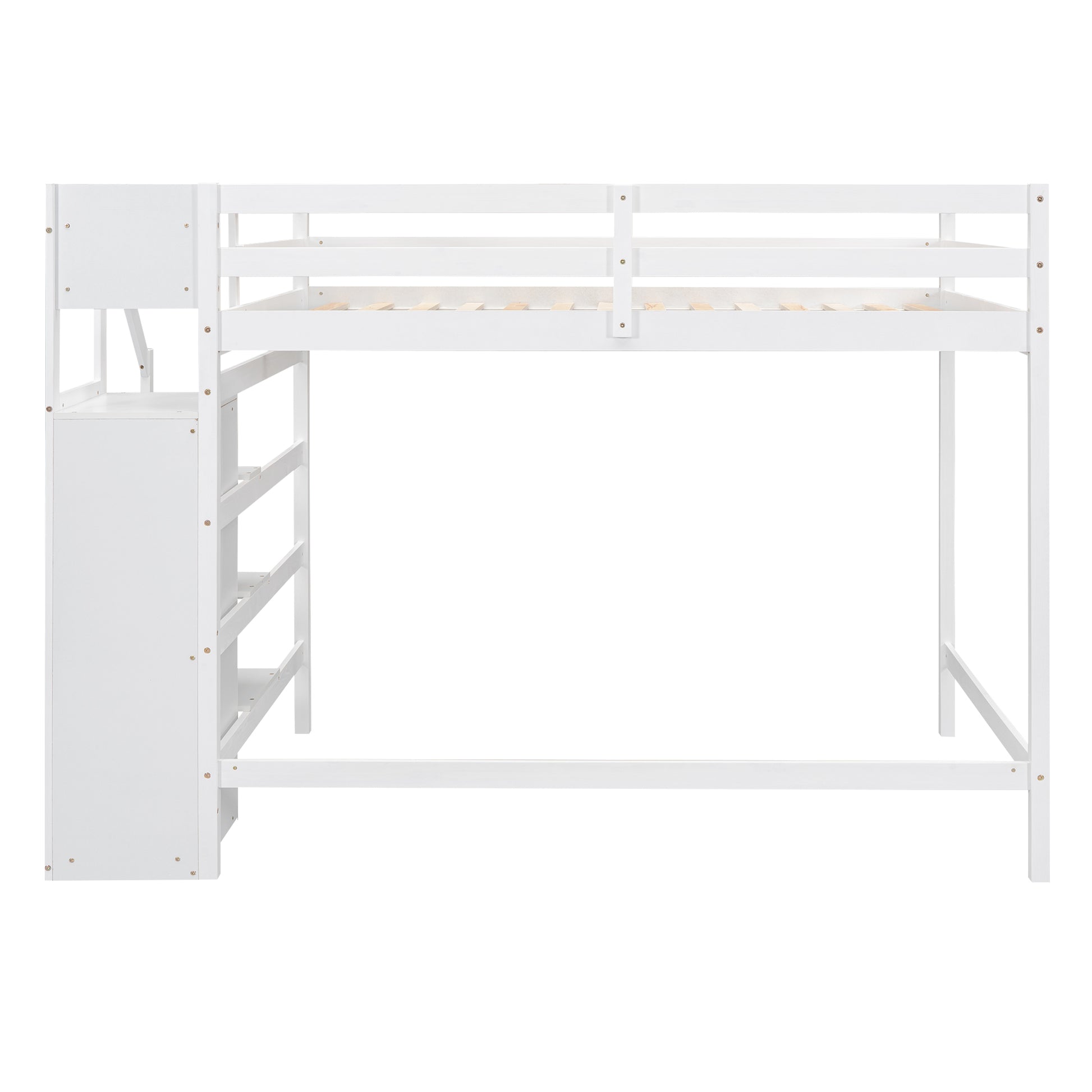 White wooden loft bed with integrated storage stairs