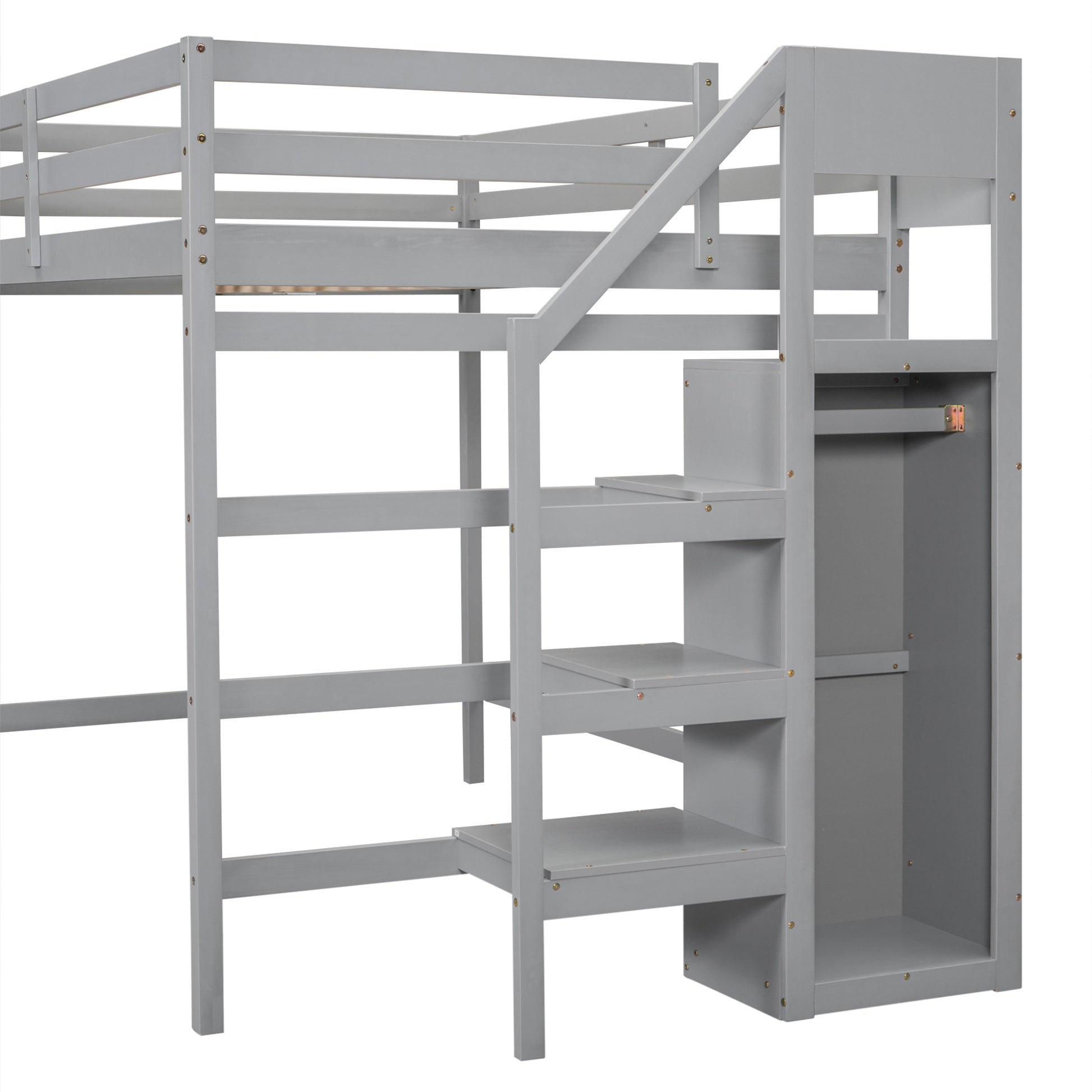Gray wooden loft bed with integrated stairs and storage shelves