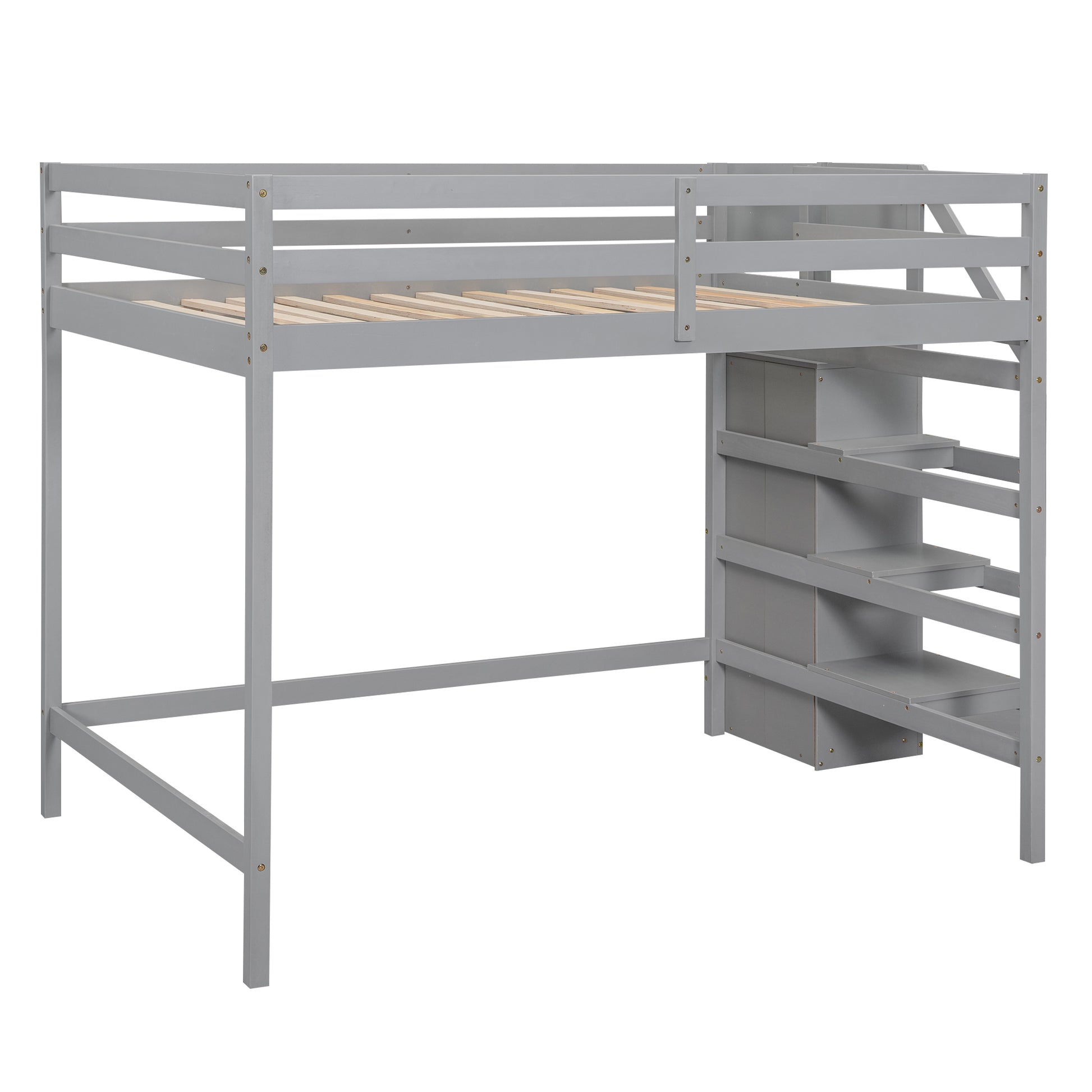 Grey wooden loft bed with integrated steps