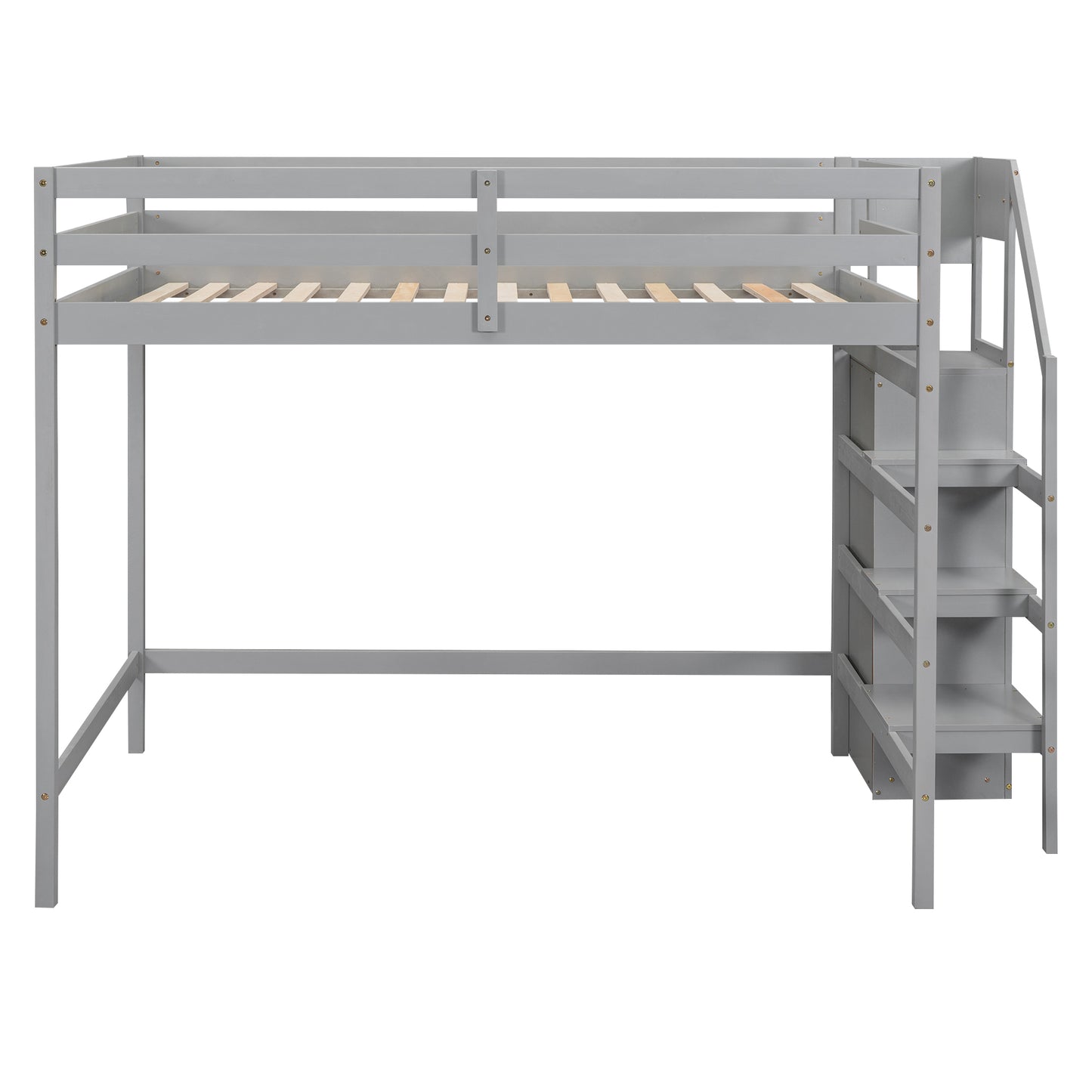 Grey wooden loft bed with integrated storage steps