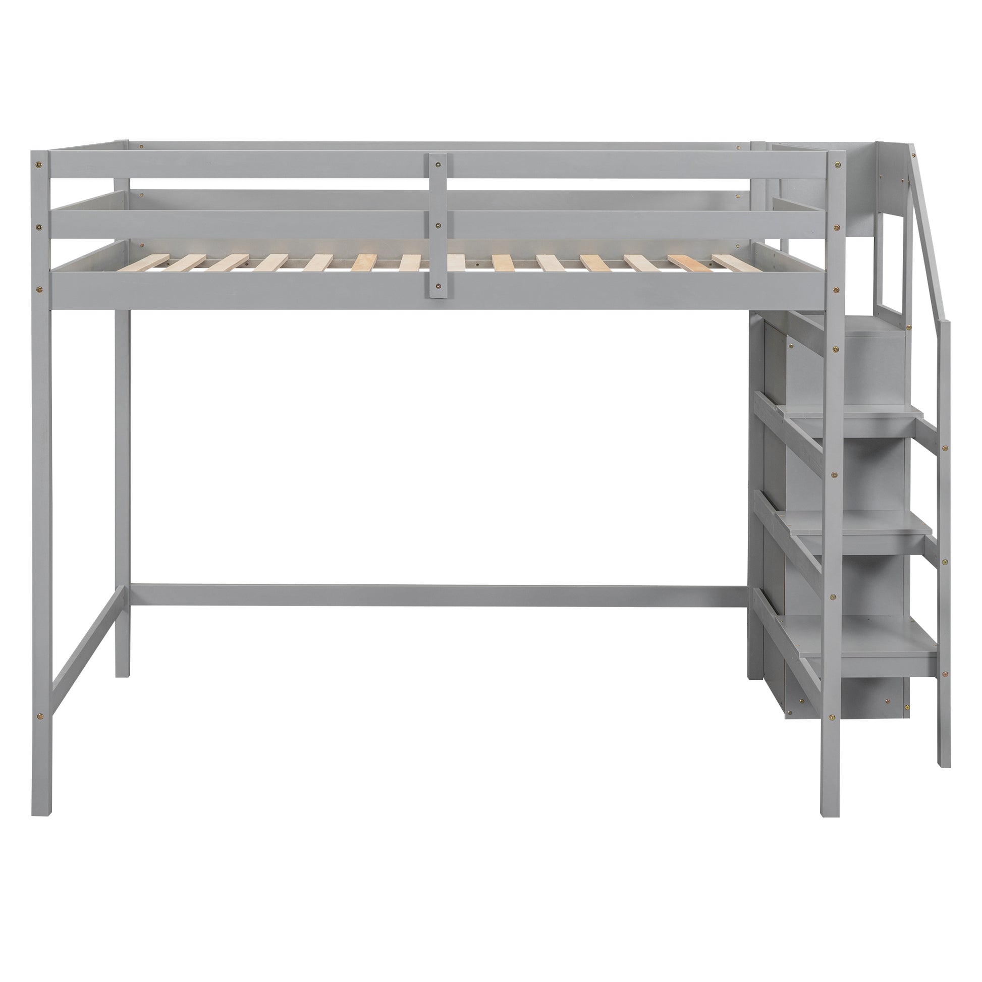 Grey wooden loft bed with integrated storage steps