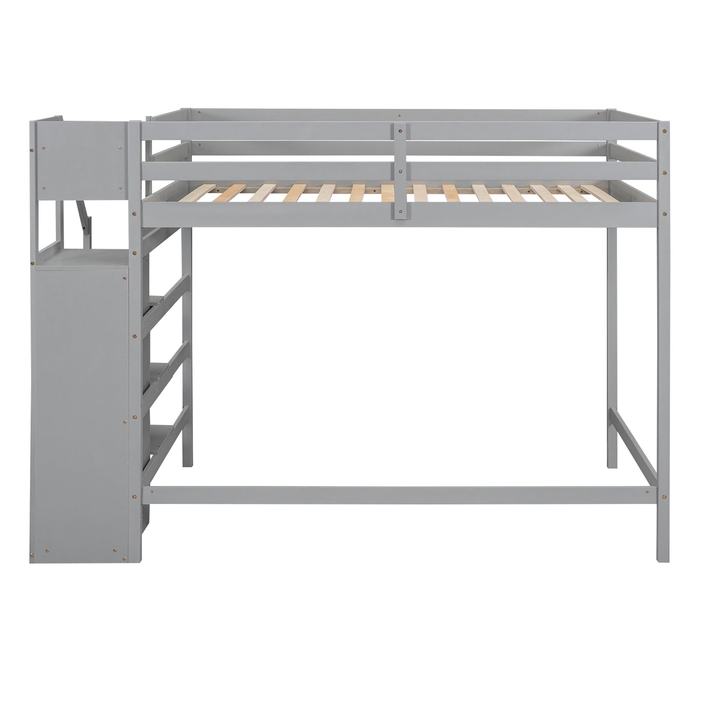 Gray wooden loft bed with integrated storage stairs and safety rails