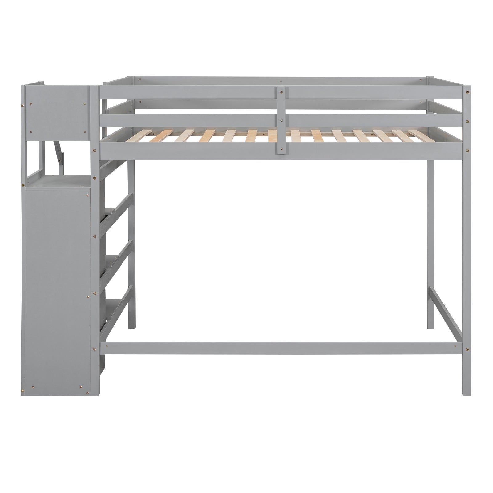 Gray wooden loft bed with integrated storage stairs and safety rails