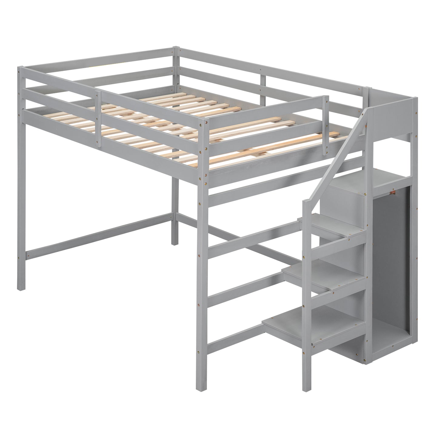 Grey wooden twin loft bed with integrated ladder and storage