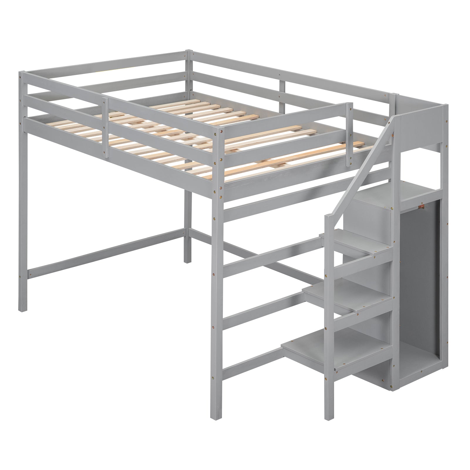 Grey wooden twin loft bed with integrated ladder and storage