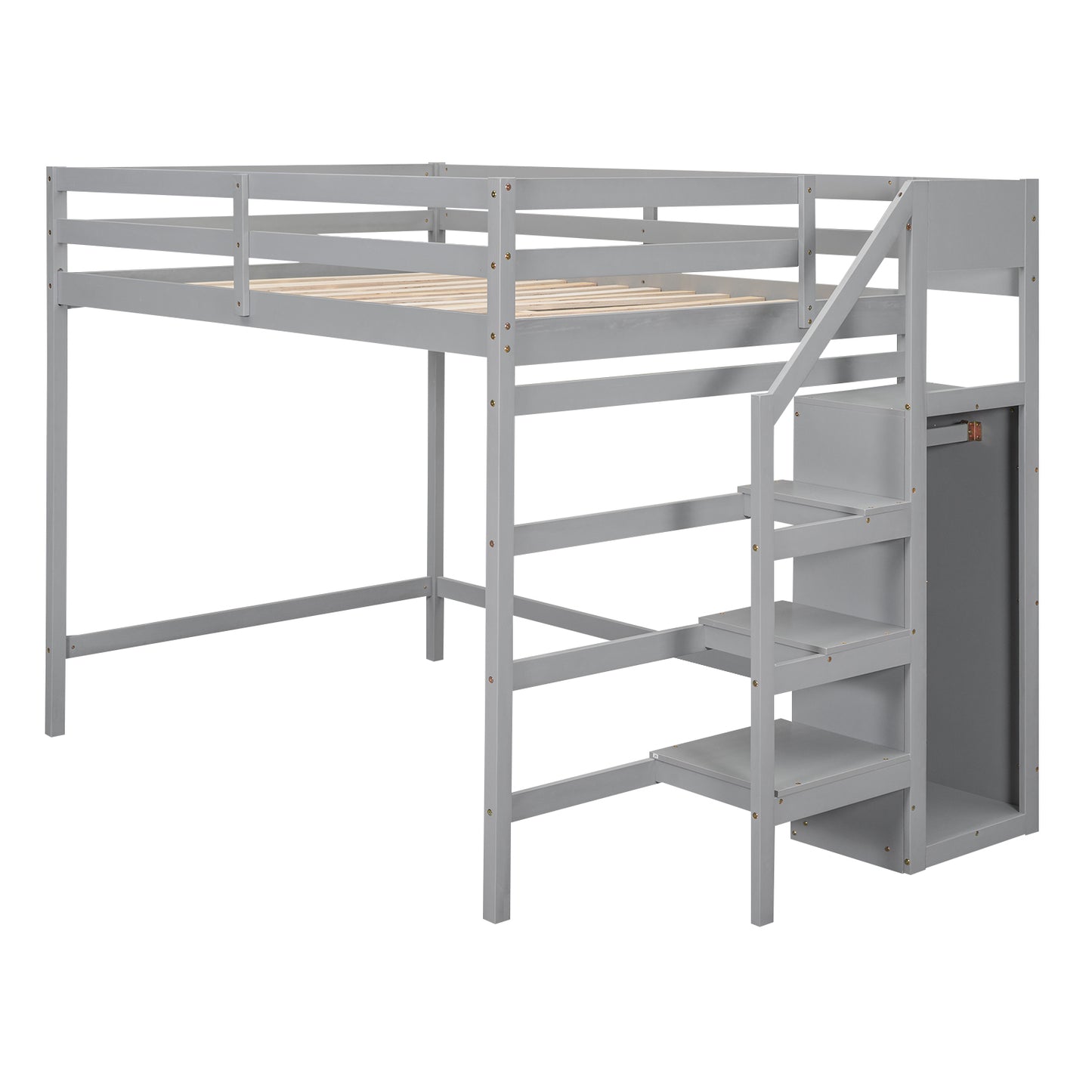 Gray wooden loft bed with integrated stairs