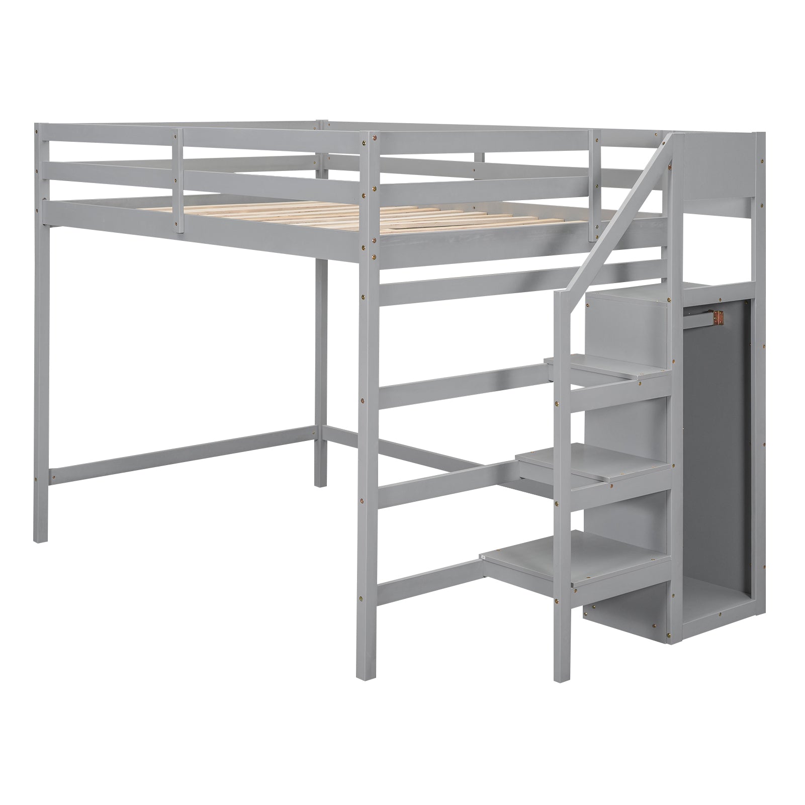 Gray wooden loft bed with integrated stairs