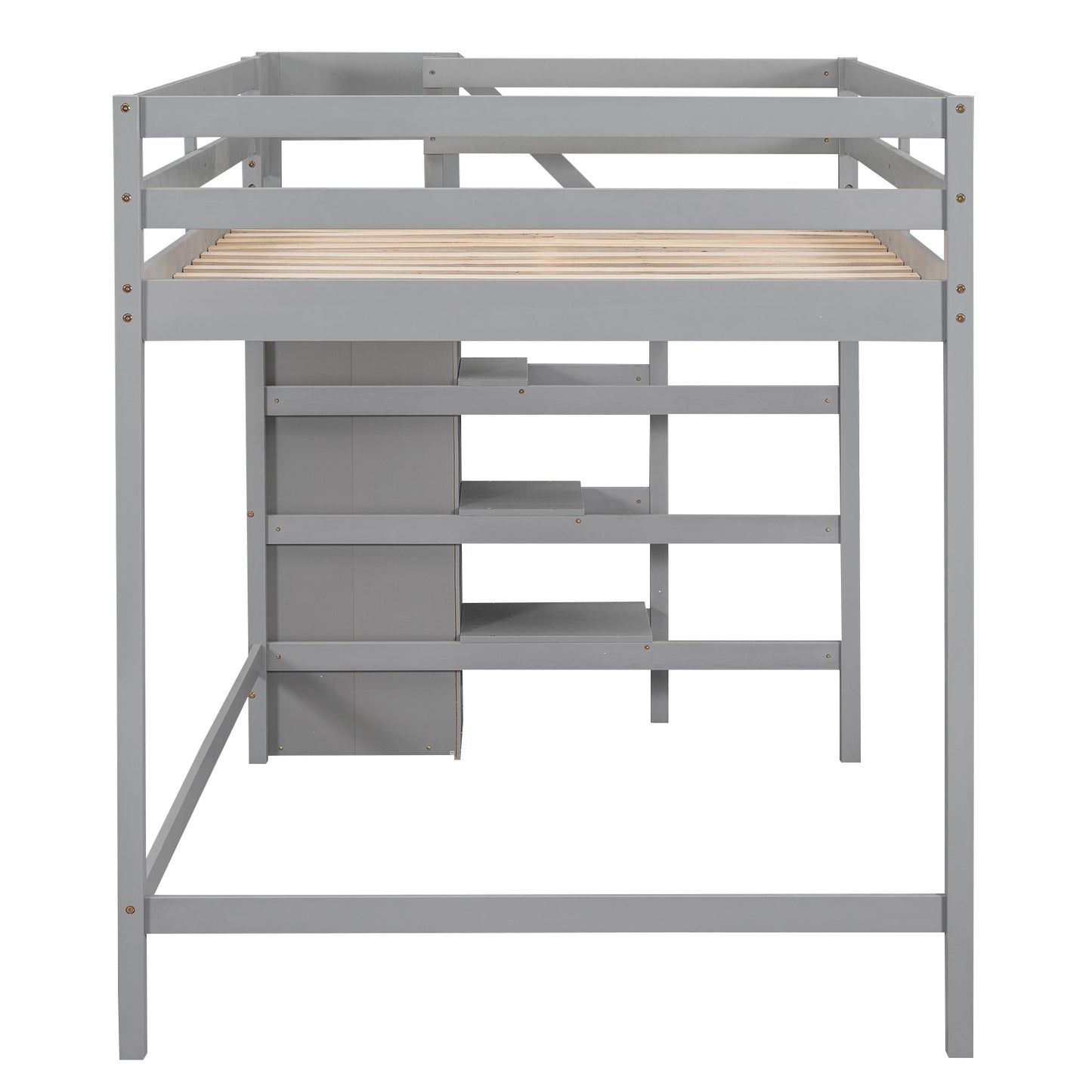 Gray wooden loft bed with integrated staircase and shelves