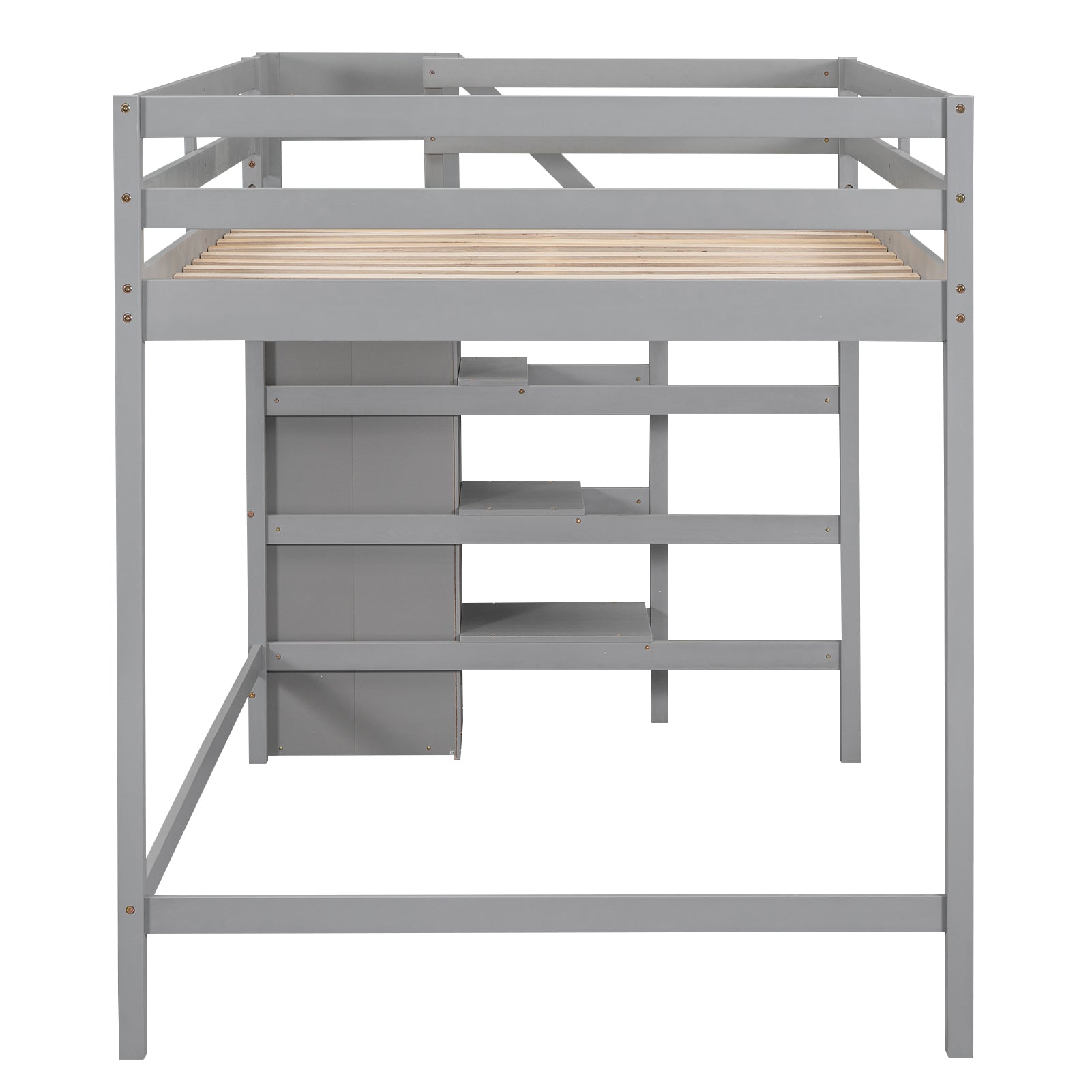 Gray wooden loft bed with integrated staircase and shelves