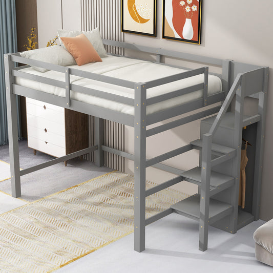 Gray twin loft bed with stairs and builtin storage