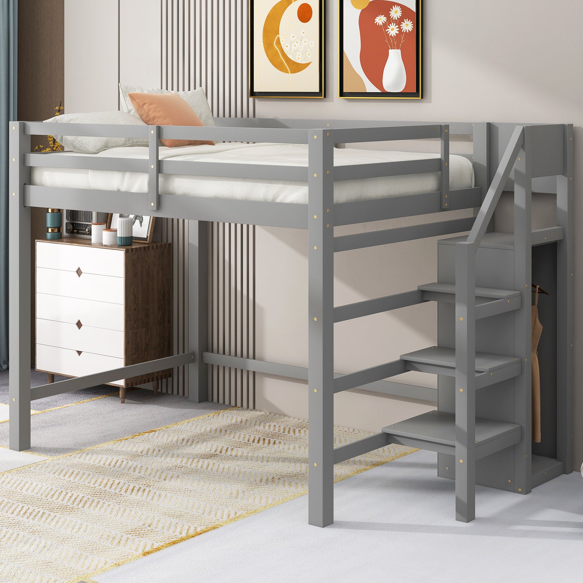Gray wooden loft bed with stairs and builtin storage drawers