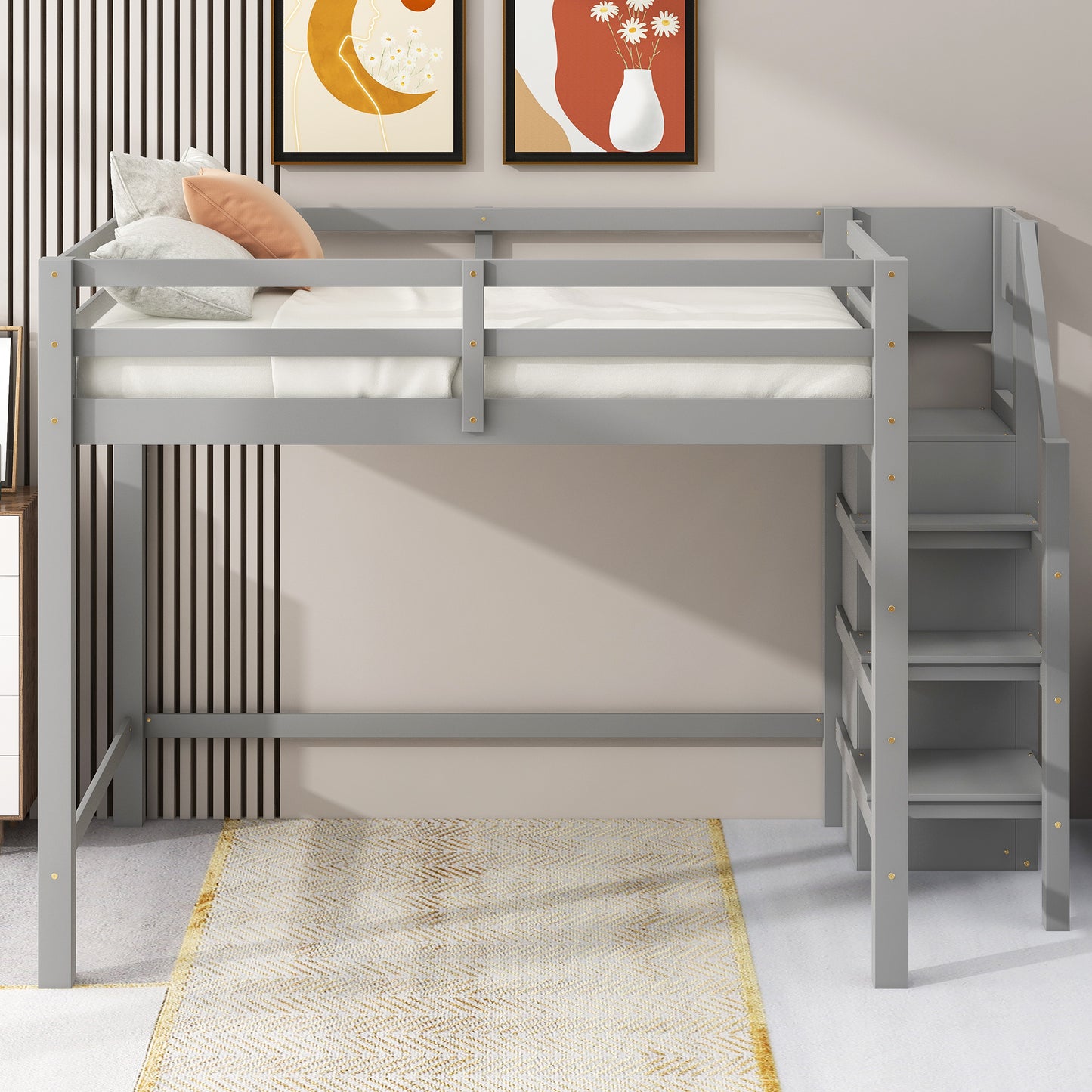 Gray wooden loft bed with stairs for kids