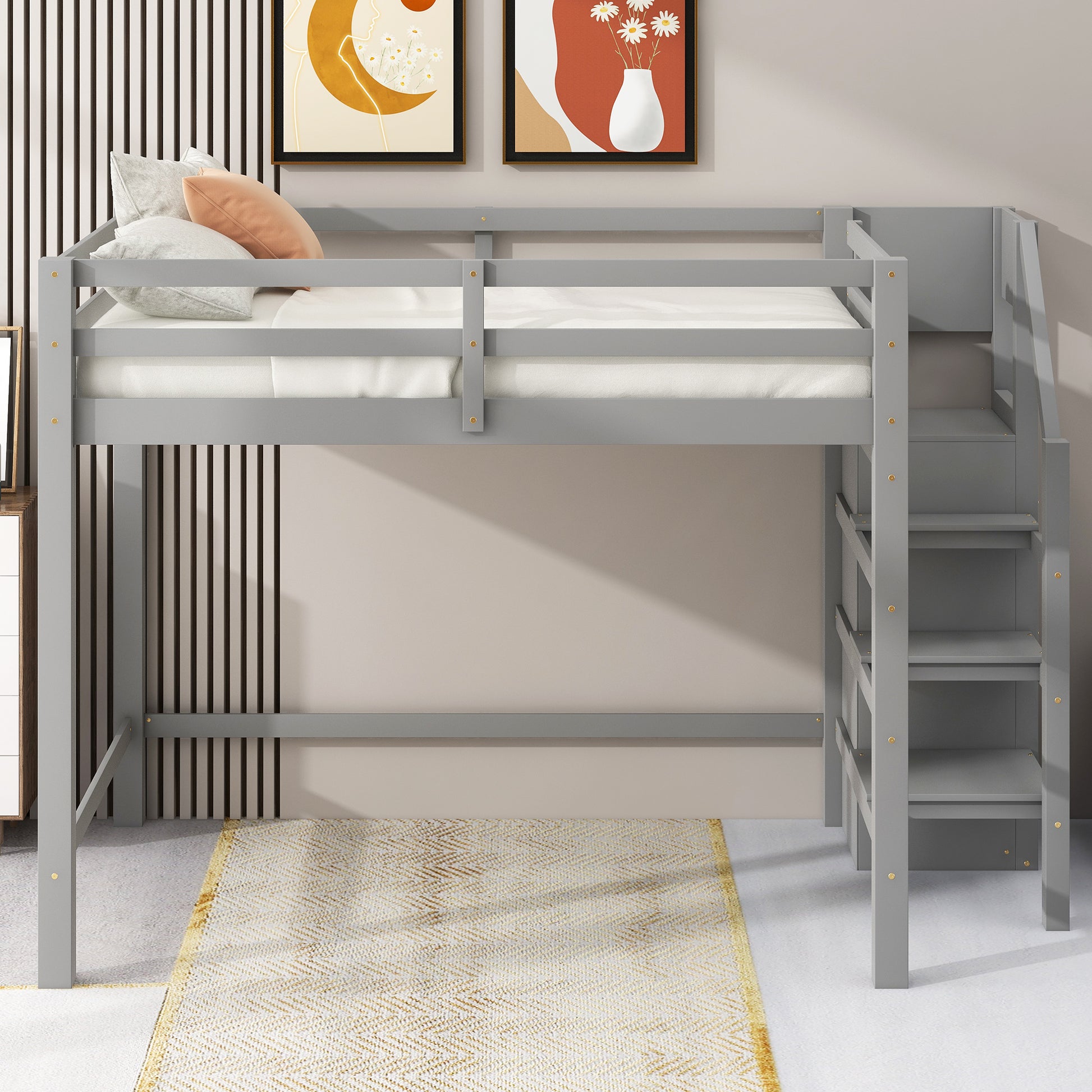 Gray wooden loft bed with stairs for kids