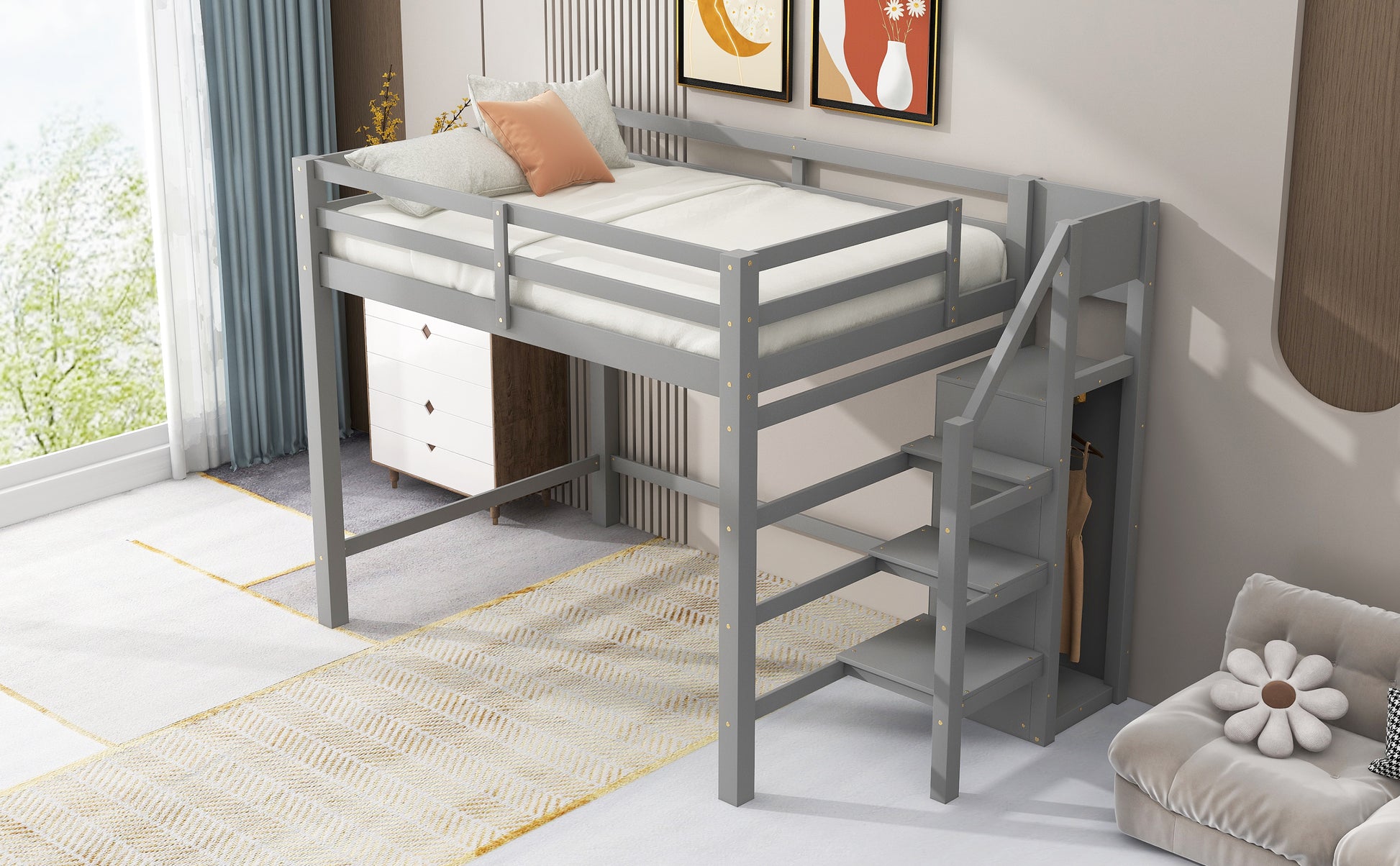 Gray wooden loft bed with mattress and pillows