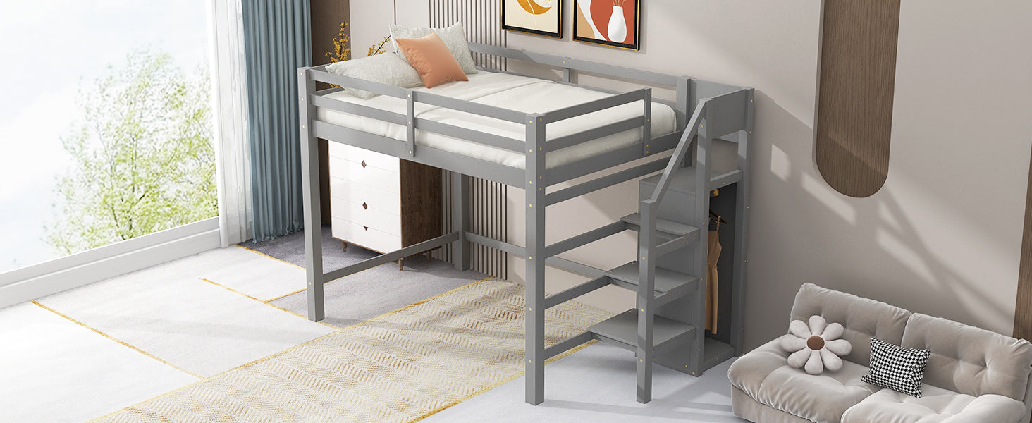 Gray wooden loft bed with builtin storage drawers and stairs
