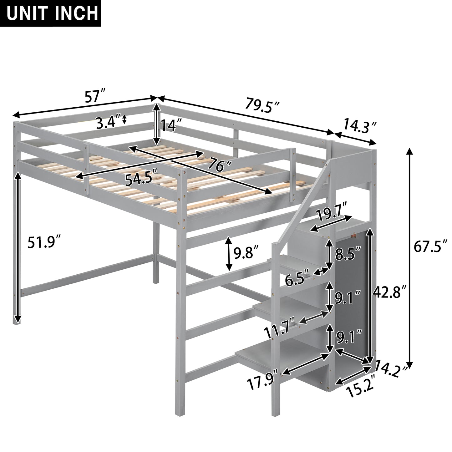 Grey twin loft bed with integrated stairs and dimensions