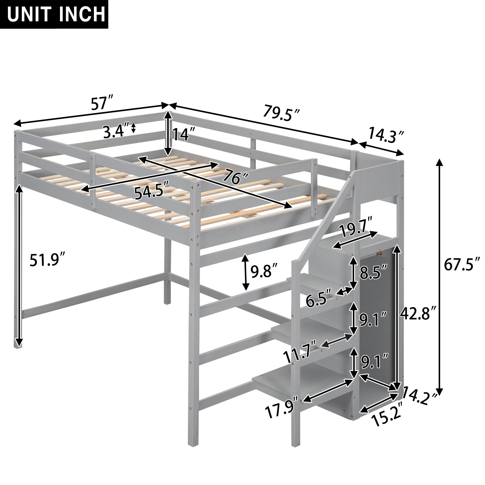 Grey twin loft bed with integrated stairs and dimensions