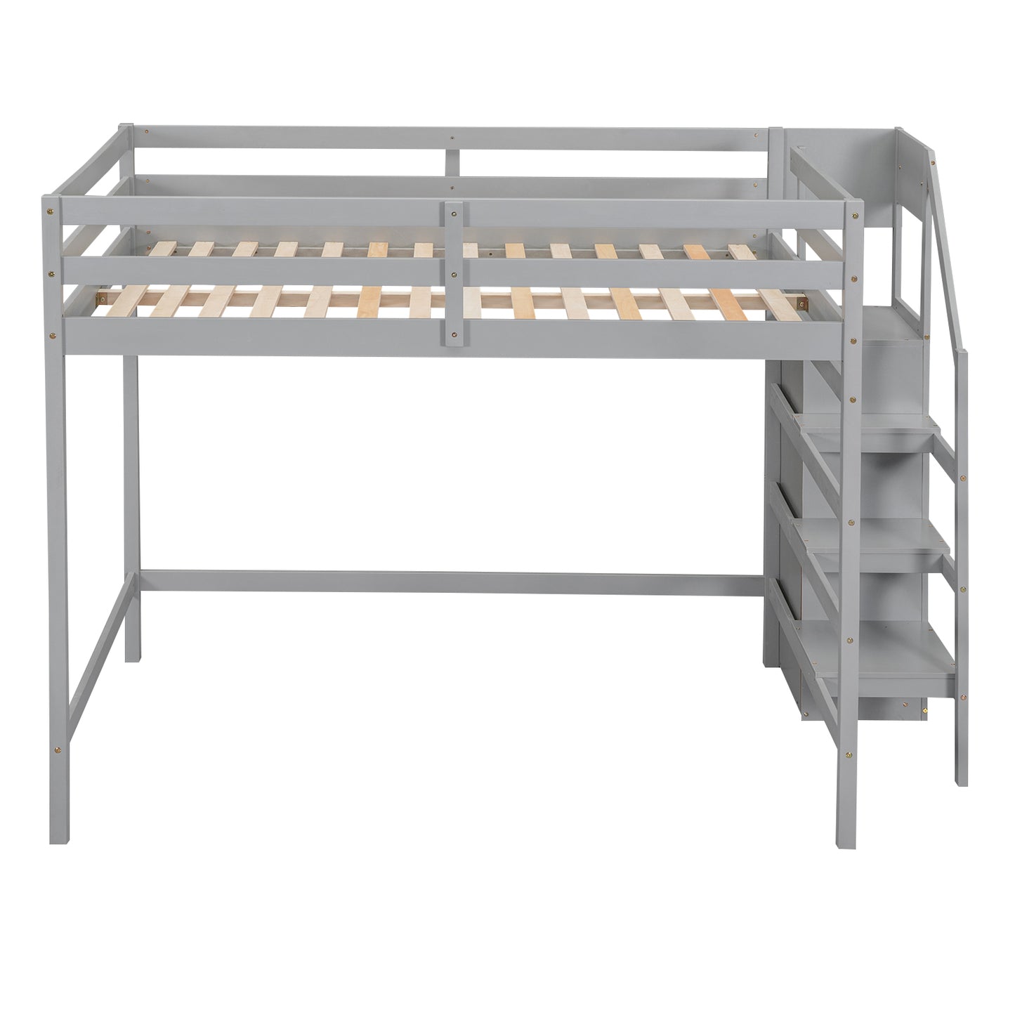 Grey wooden loft bed with integrated stairs and storage shelves